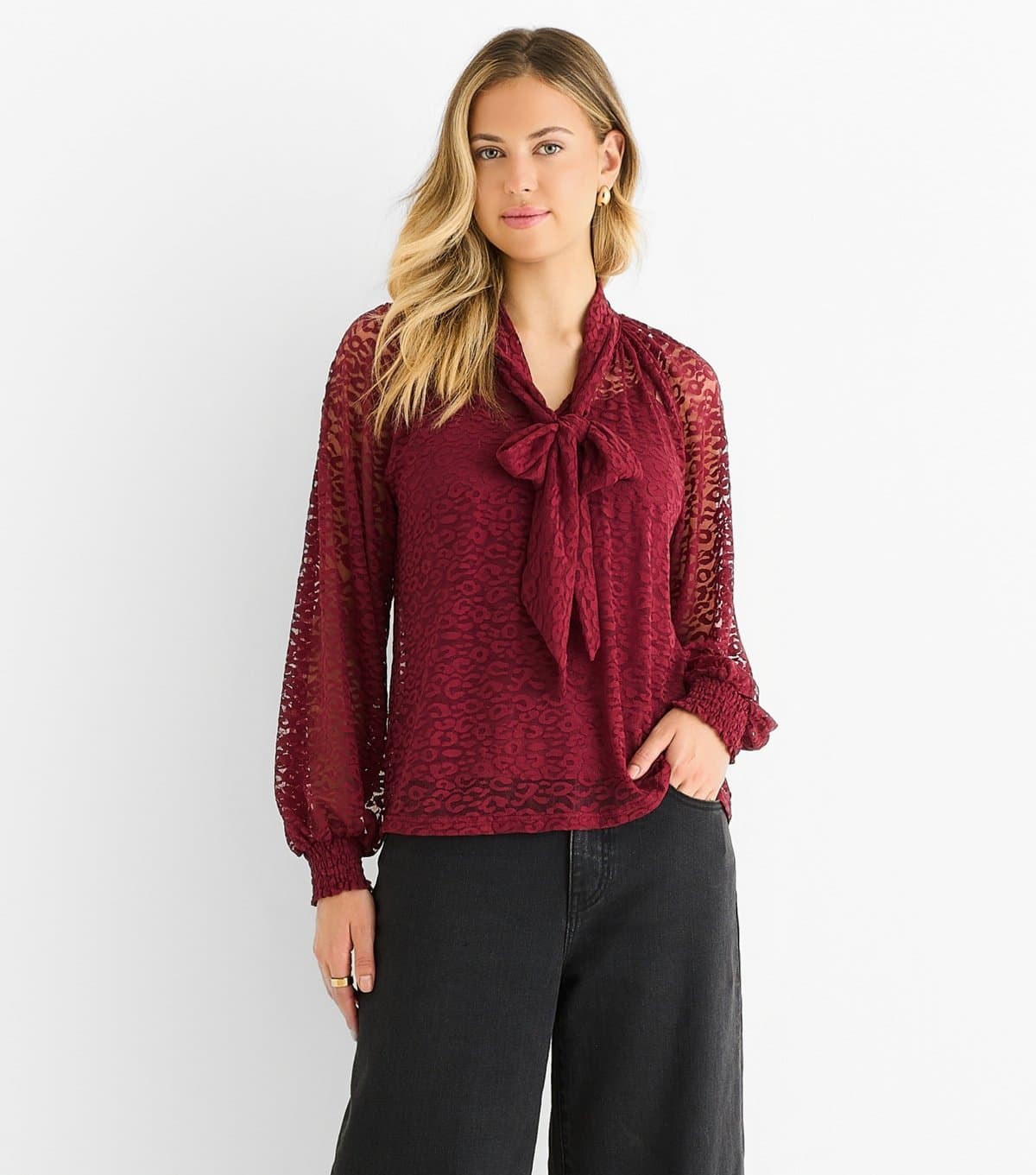 Gini London Women's Light Burgundy Animal Lace Neck Tie Blouse Gini London New Look