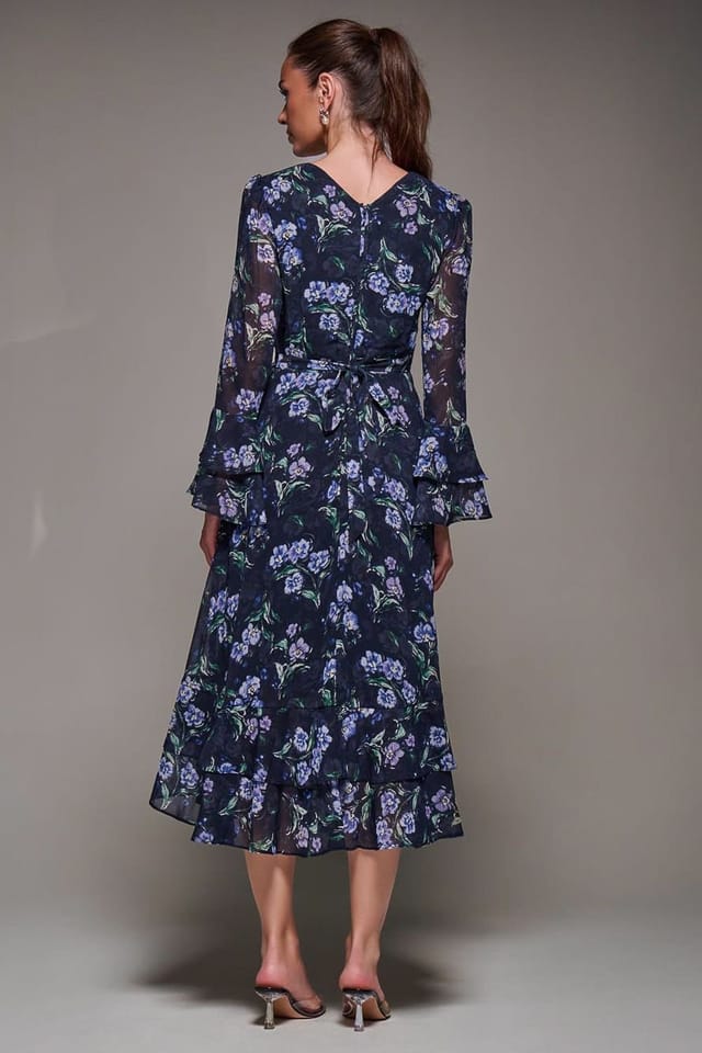 Jolie Moi Jolie Moi Women's Long Sleeve Chiffon Frill Midaxi Dress in Navy - 2