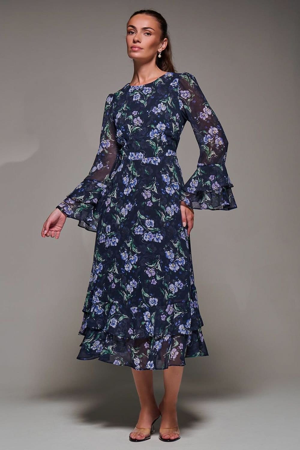 Jolie Moi Jolie Moi Women's Long Sleeve Chiffon Frill Midaxi Dress in Navy - 4