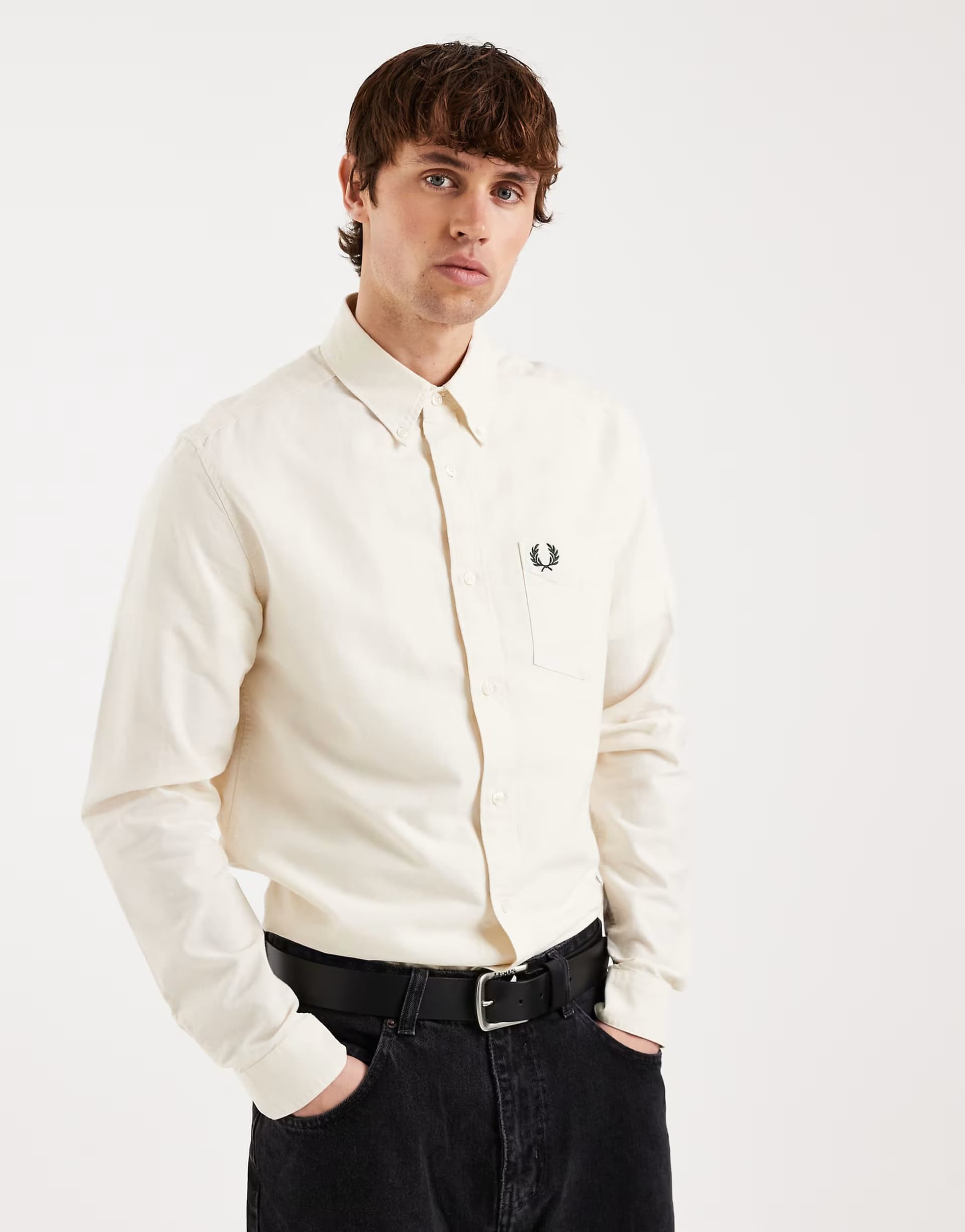 ASOS ASOS Fred Perry Oxford Long Sleeve Logo Shirt in Cream