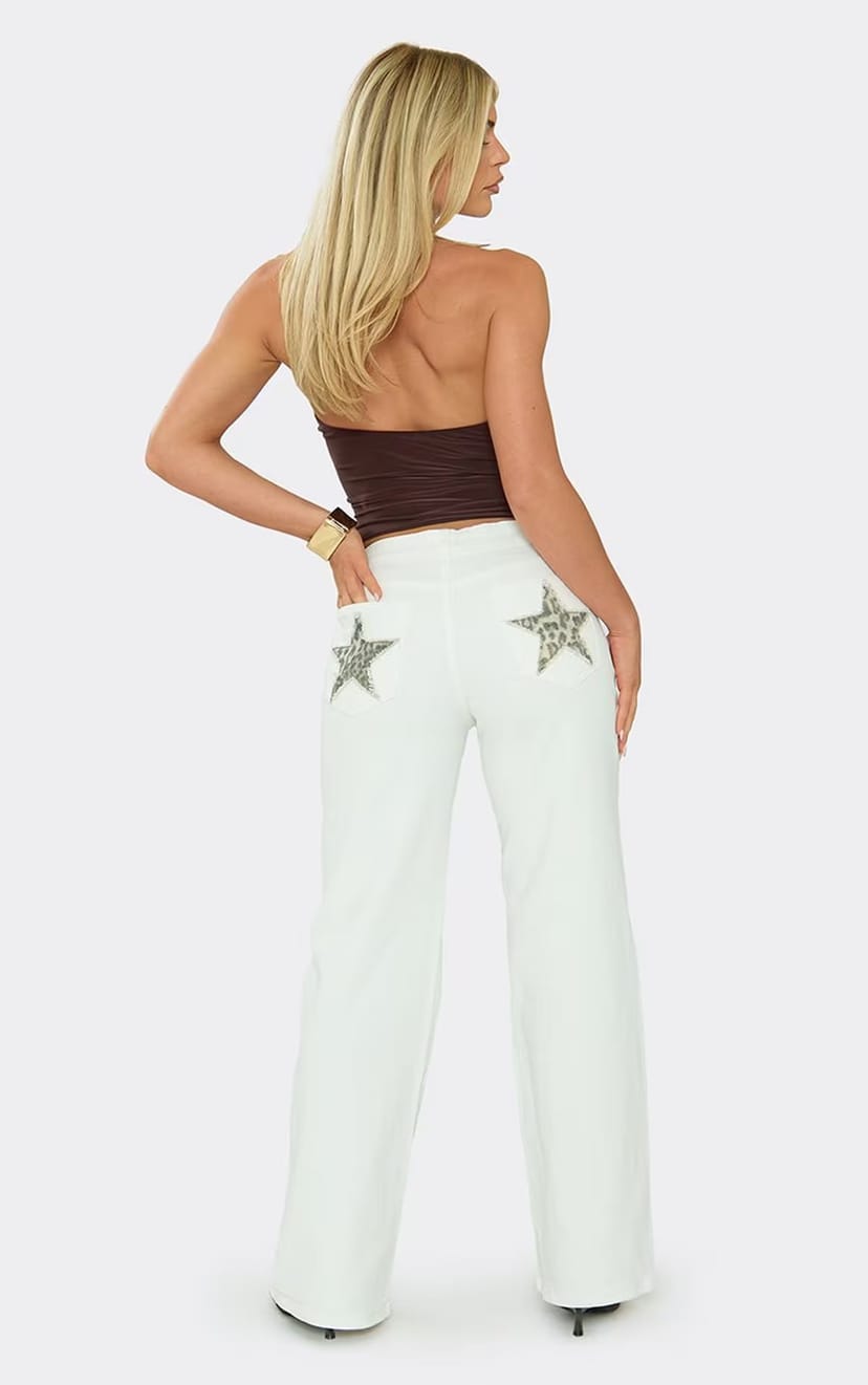 EGO Mid Rise Leopard Star Pocket Detail Wide Leg Jeans In White Denim, Women's Size UK 6 - 1