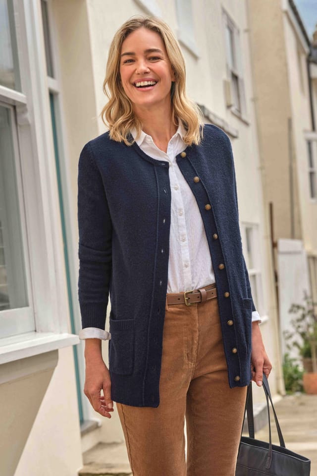 WoolOvers WoolOvers Women's Lambswool Crew Neck Cardigan in Dark Navy - 2