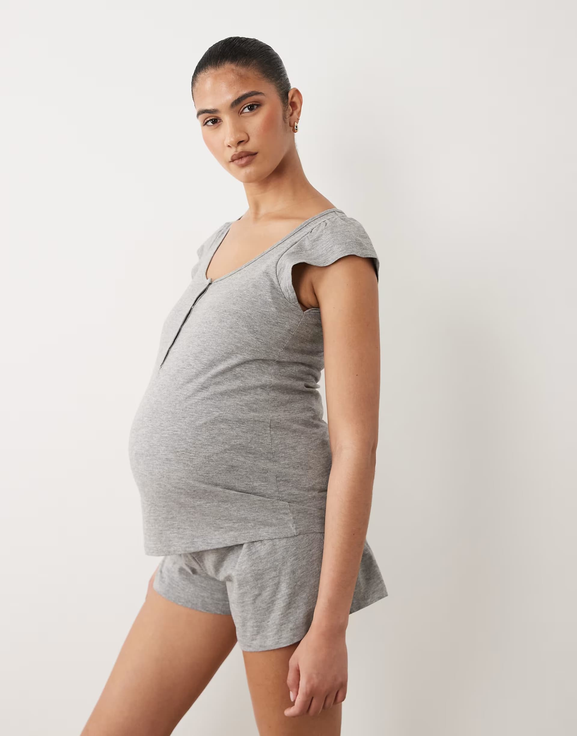 ASOS Mamalicious Maternity 2 function nursing top and shorts pyjama set in light grey melange