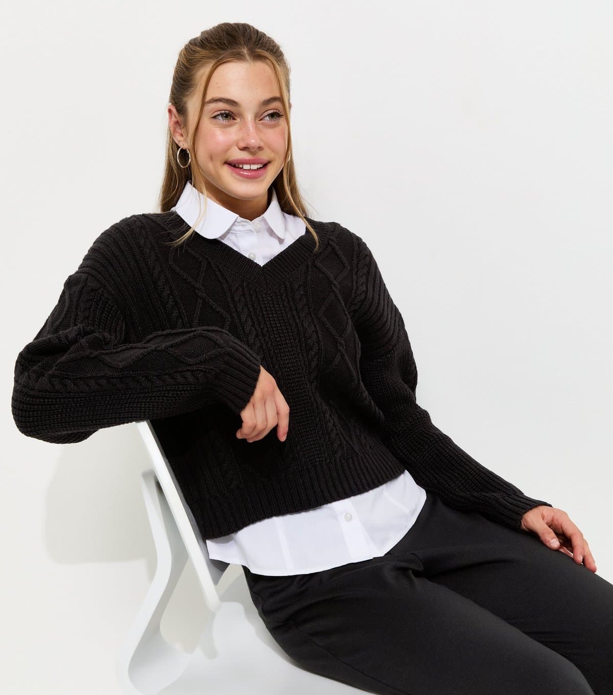 New Look Girls' Black V-Neck Cable Knit Jumper New Look