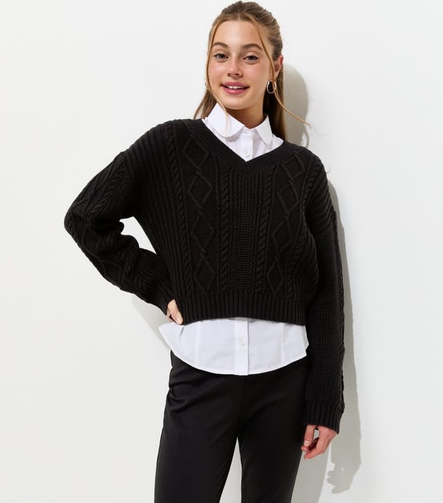 New Look Girls' Black V-Neck Cable Knit Jumper New Look - 2