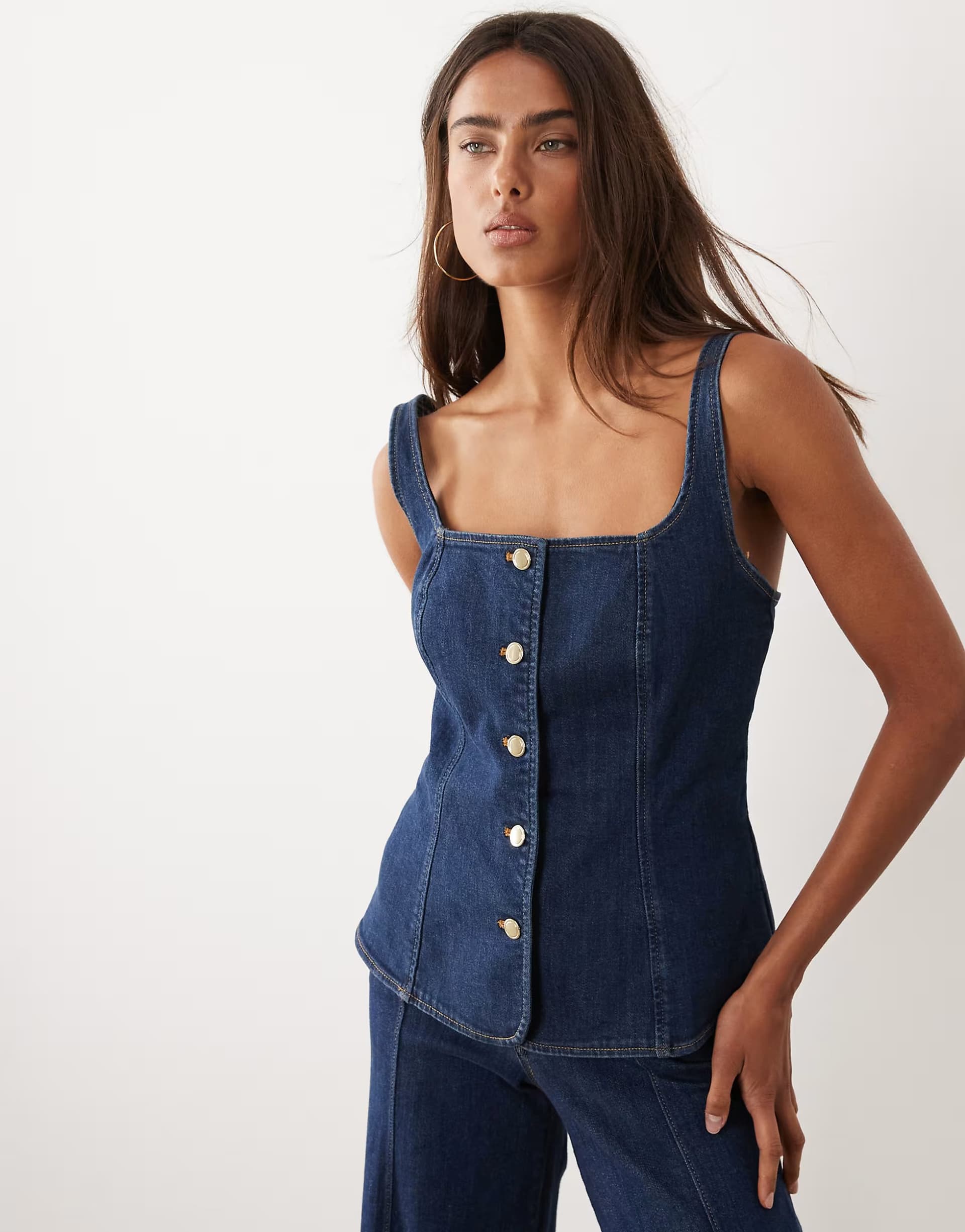 ASOS Good American denim sleeveless button front top co-ord in dark blue wash