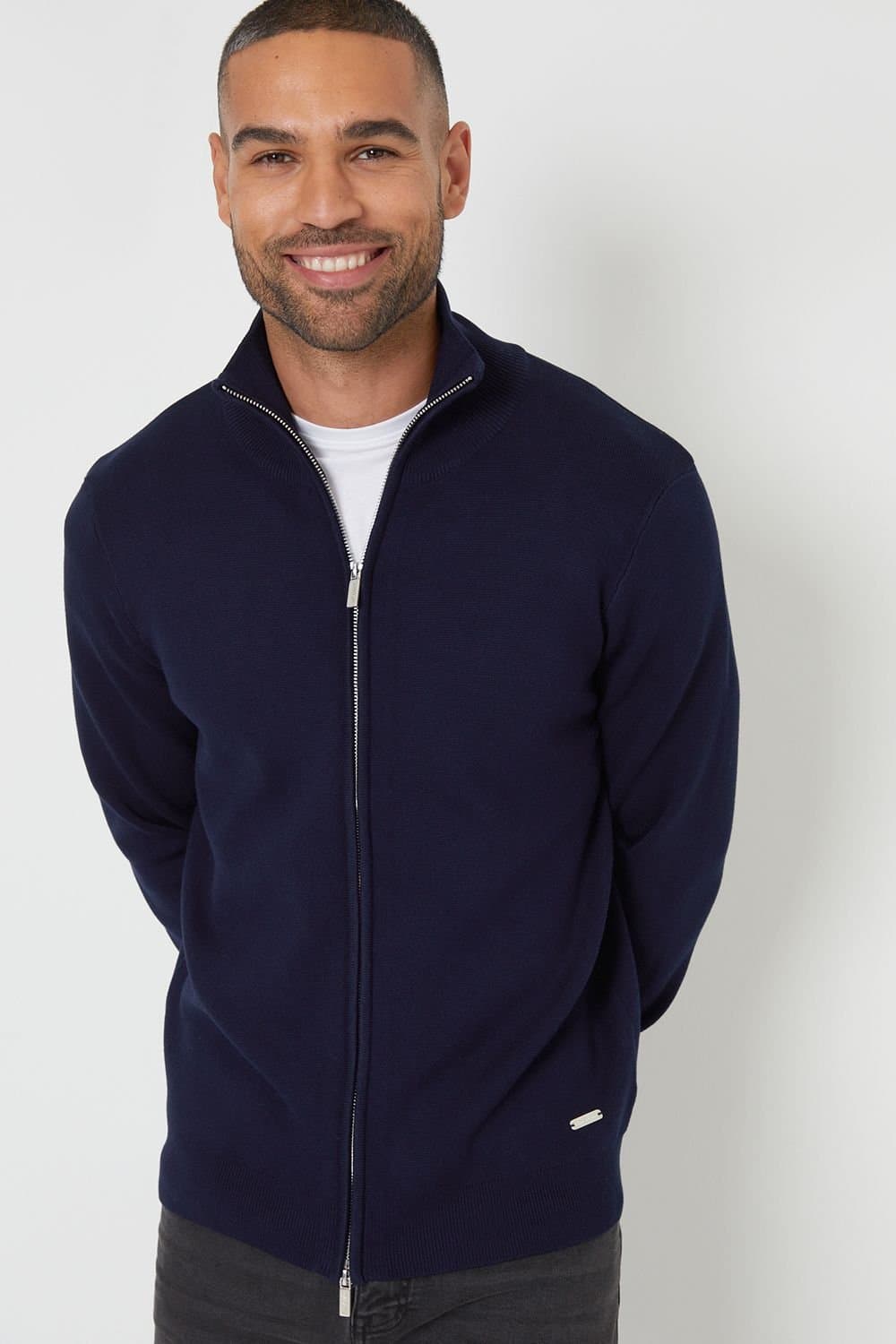 Threadbare Threadbare Men's 'Wynnstay' Zip-Through Funnel Neck Knitted Cardigan in Navy