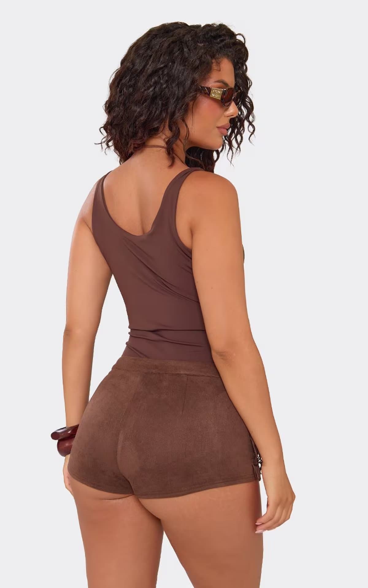 EGO Low Rise Fringe Trim Mini Shorts In Chocolate Brown, Women's Size UK 6