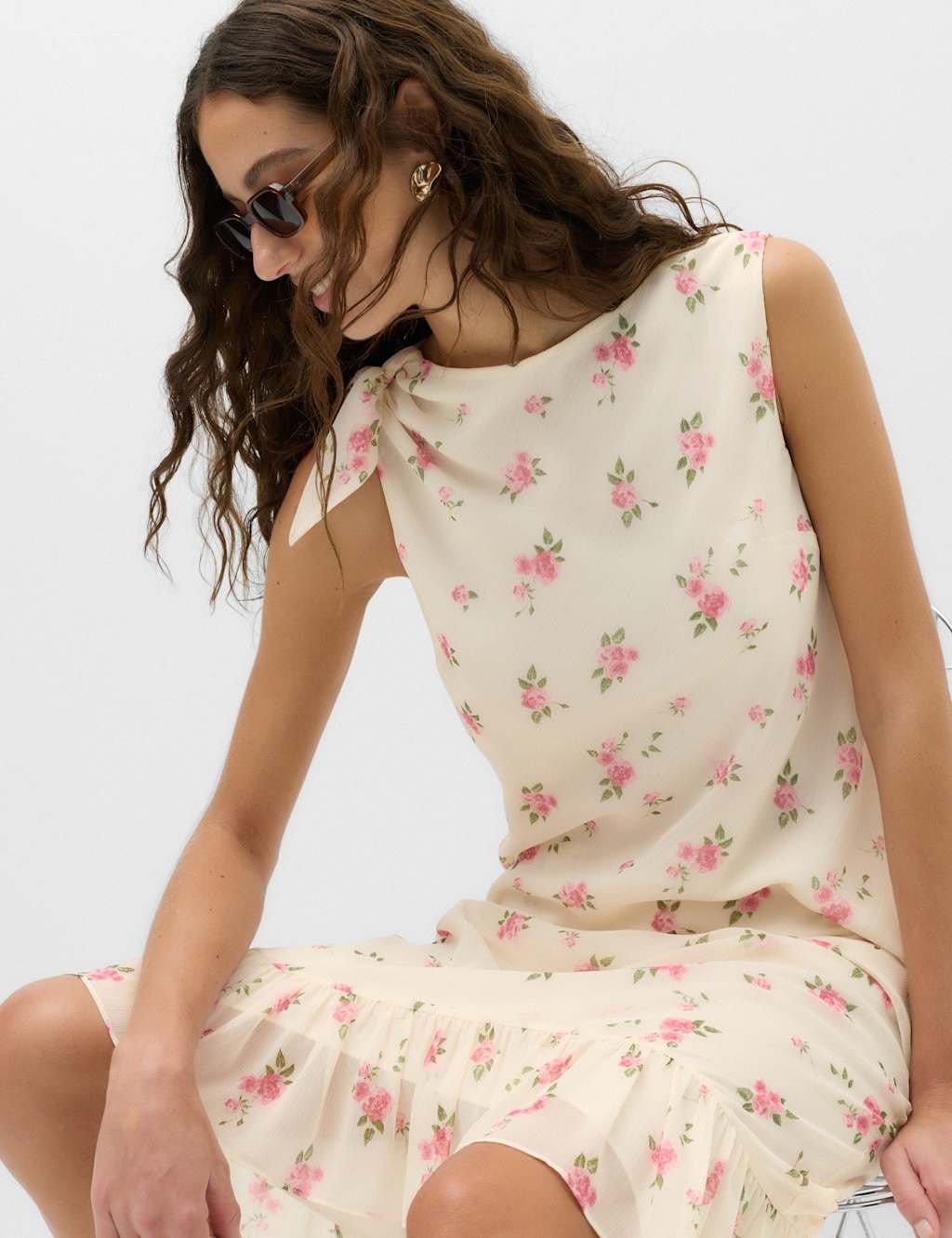 M&S Ivory Floral Asymmetrical Knot Top