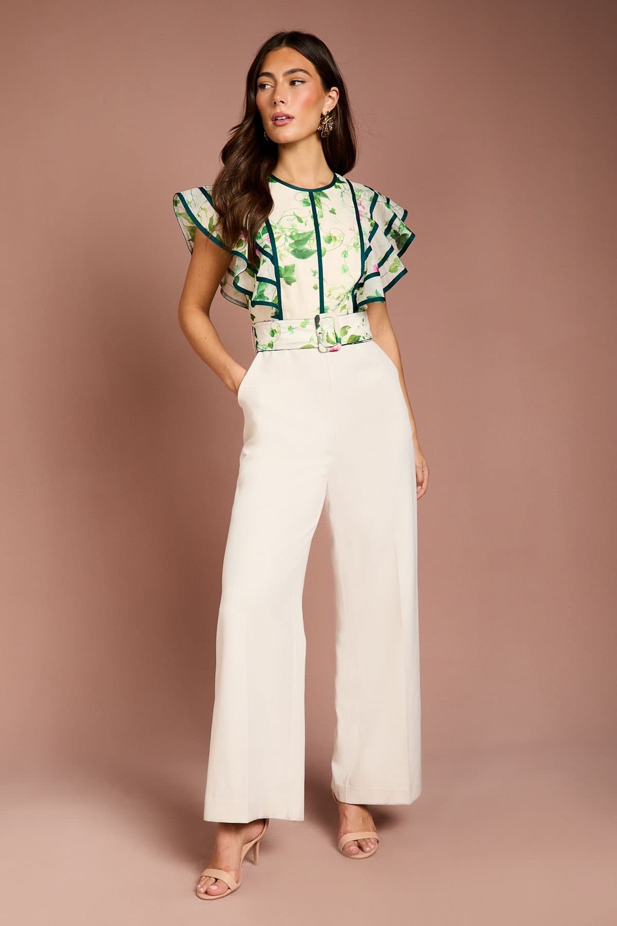 Coast Coast Women's Ruffle Shoulder Printed Floral Jumpsuit in Ivory