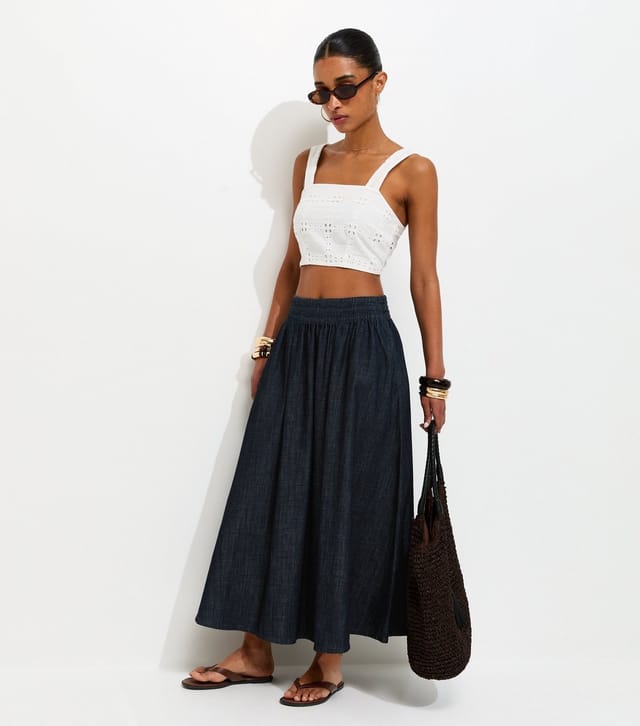 New Look Women's Navy Shirred Waistband Denim Midi Skirt New Look - 2