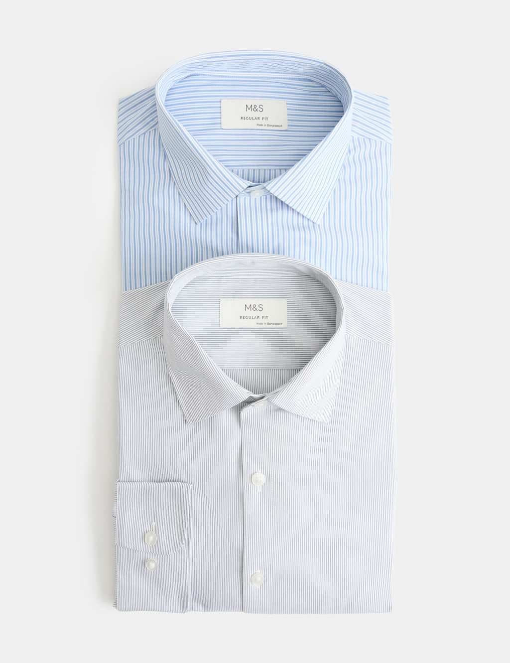 Marks & Spencer M&S 2 Pack Regular Fit Easy Iron Striped Shirts Blue Mix