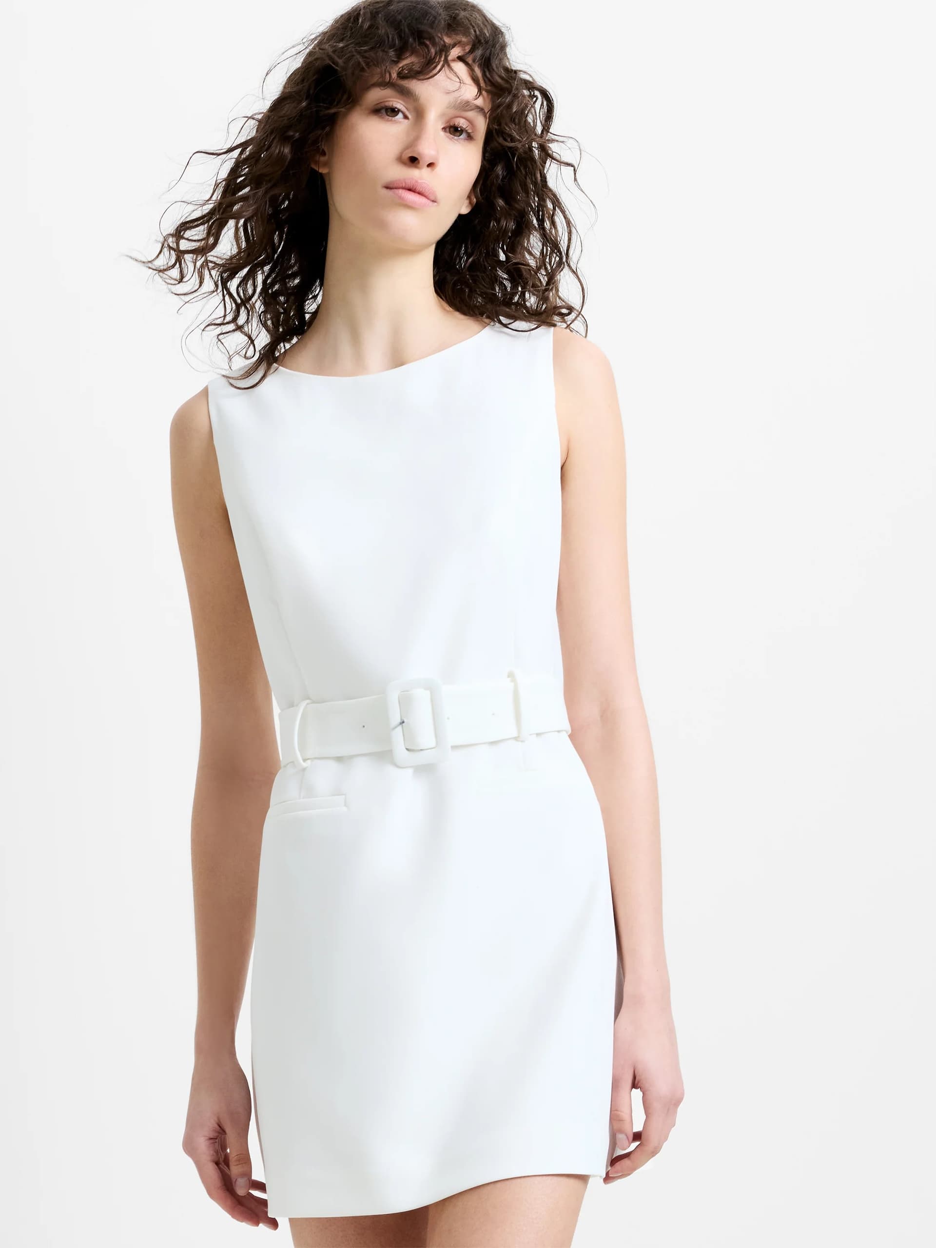 French Connection Azra Twill Tailored Belted White Mini Dress Summer White