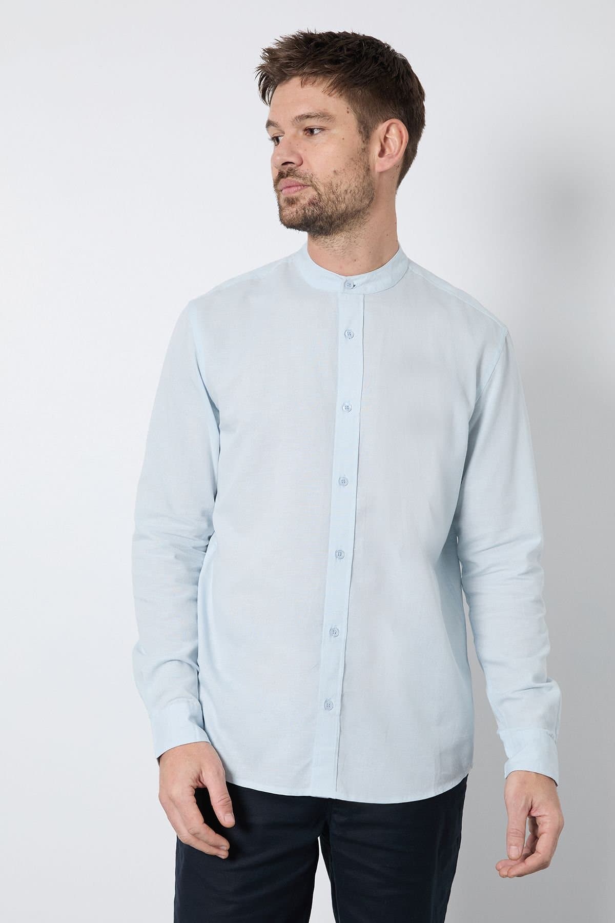 Burton Burton Men's Light Blue Linen Blend Grandad Collar Shirt