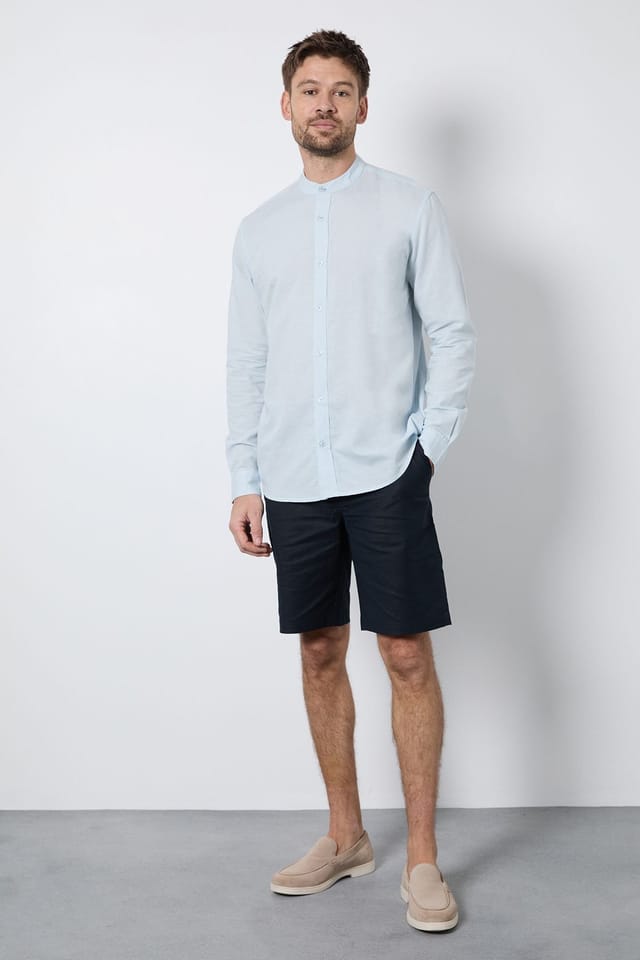 Burton Burton Men's Light Blue Linen Blend Grandad Collar Shirt - 2