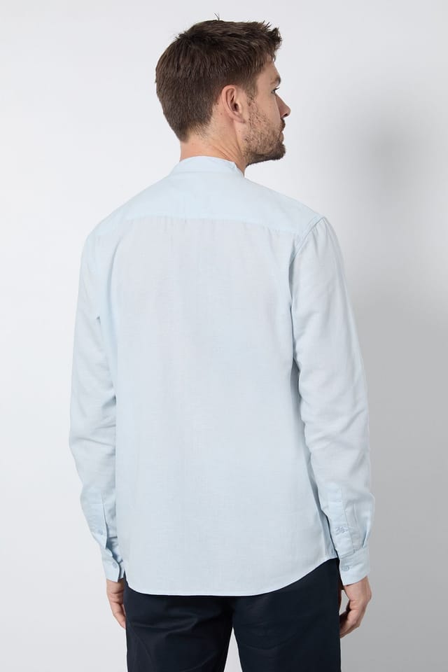 Burton Burton Men's Light Blue Linen Blend Grandad Collar Shirt - 3