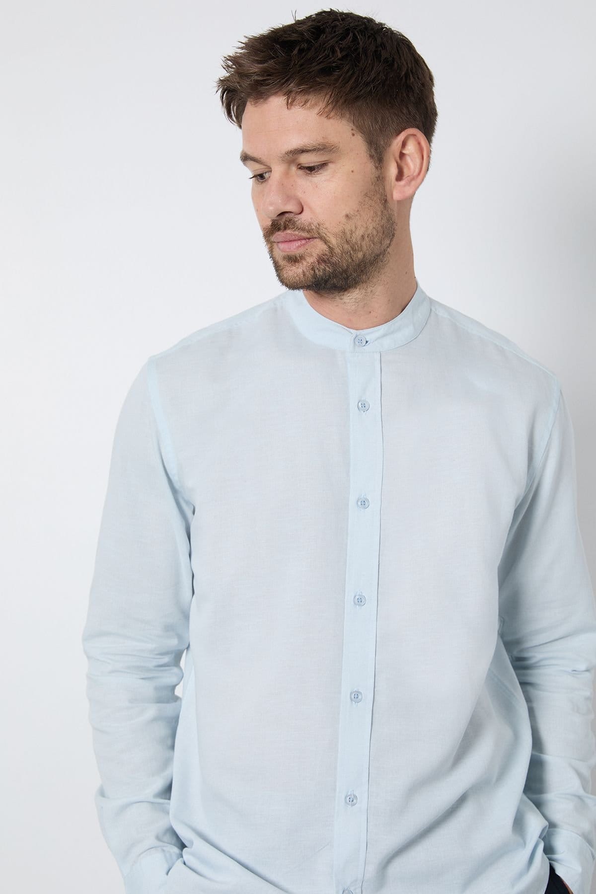 Burton Burton Men's Light Blue Linen Blend Grandad Collar Shirt - 4