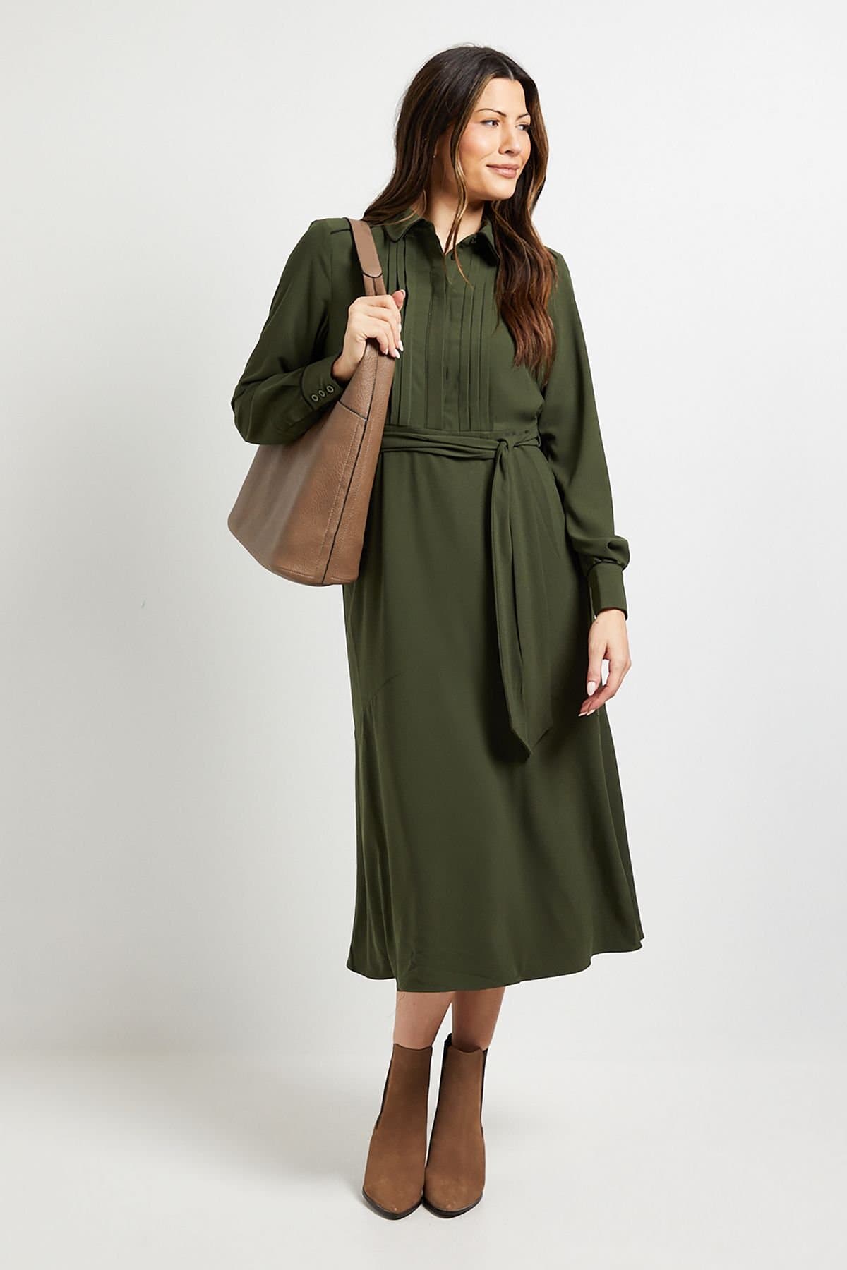 Wallis Wallis Women's Pintuck Detail Midi Shirt Dress in Khaki