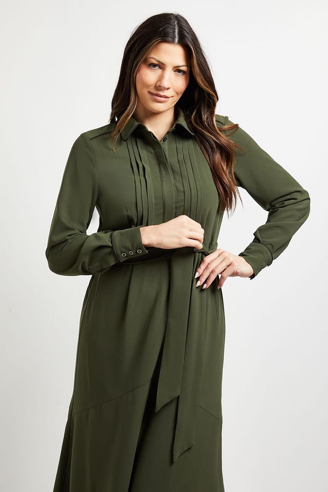 Wallis Wallis Women's Pintuck Detail Midi Shirt Dress in Khaki - 2