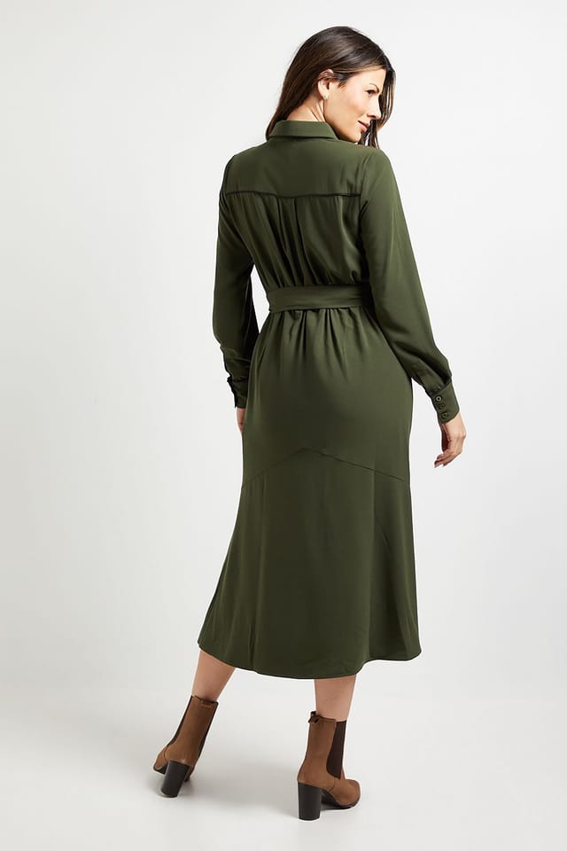 Wallis Wallis Women's Pintuck Detail Midi Shirt Dress in Khaki - 3