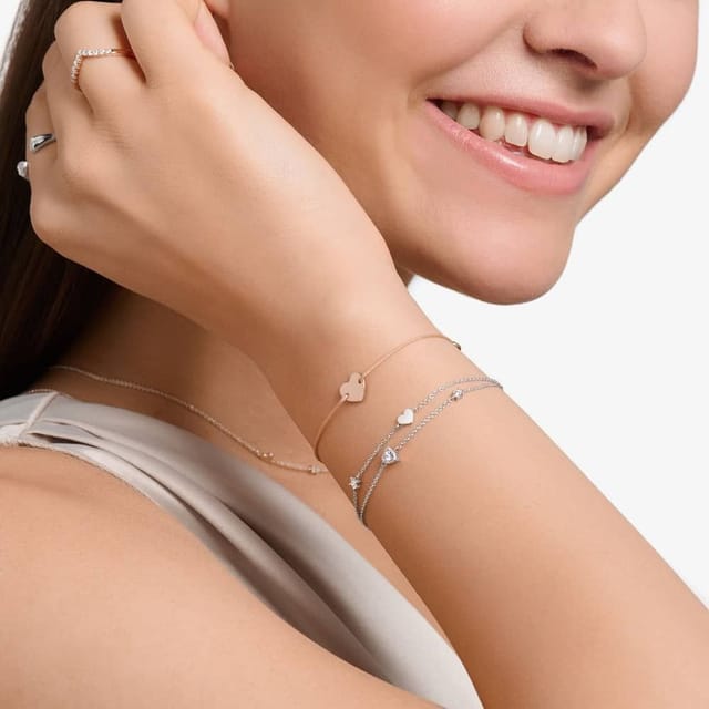Thomas Sabo THOMAS SABO Women's Silver Stone Set Heart Double Row Bracelet A2057-051-14-L19V - 2