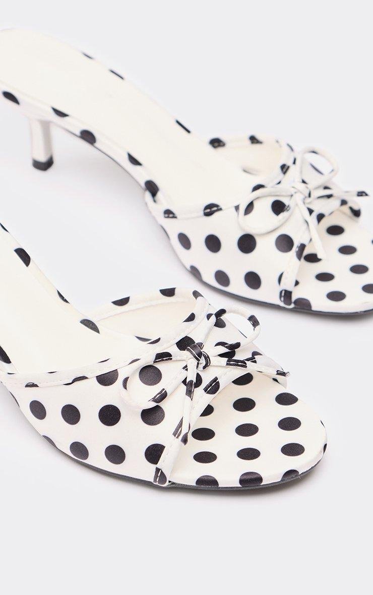 EGO Pia Bow Detail Peep Toe Kitten Heeled Mule In White Polka Dot Print Satin, Women's Size UK 3 - 2