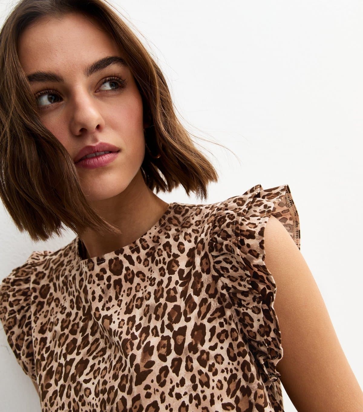 New Look Women's Brown Leopard Print Frill Trim Top New Look