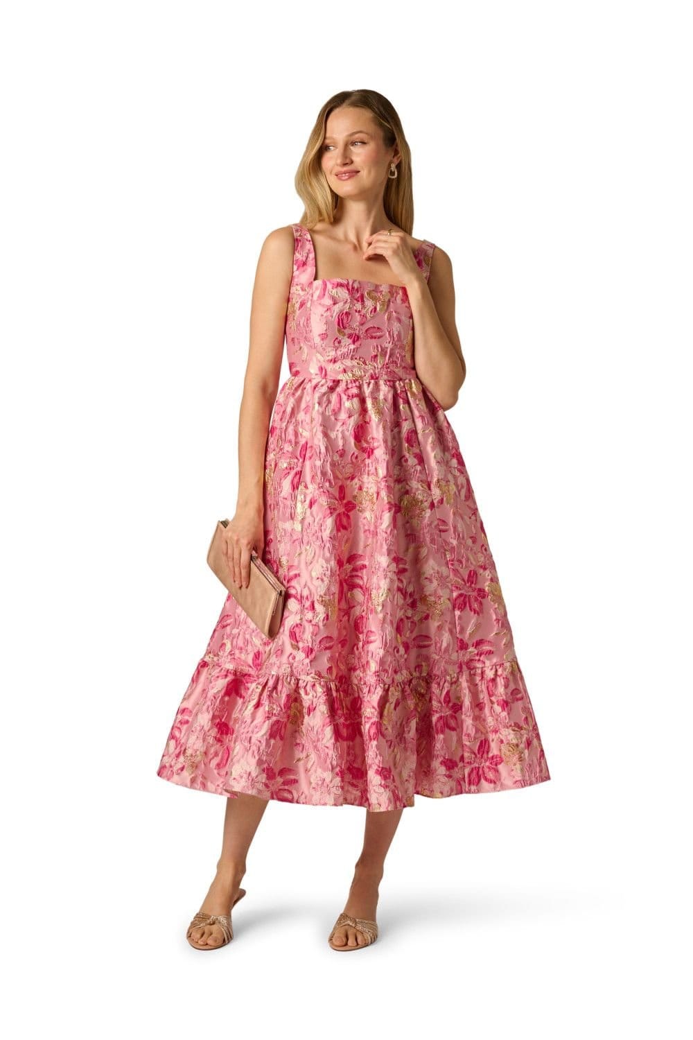 Adrianna Papell Multicolor Jacquard Flounce Midi Dress