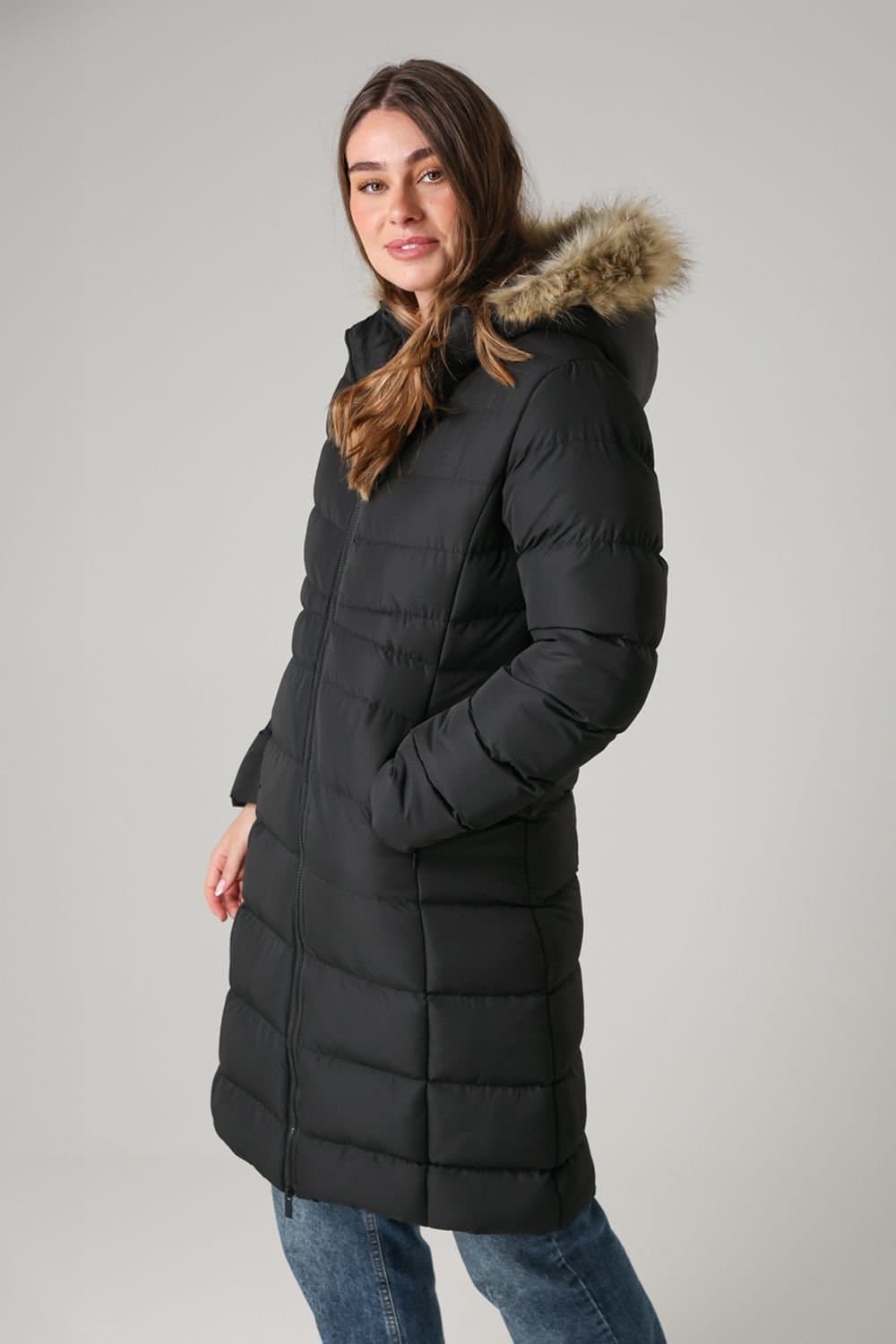 French Connection French Connection Women's Midi Padded Parka Jacket with Faux Fur Hood in Black