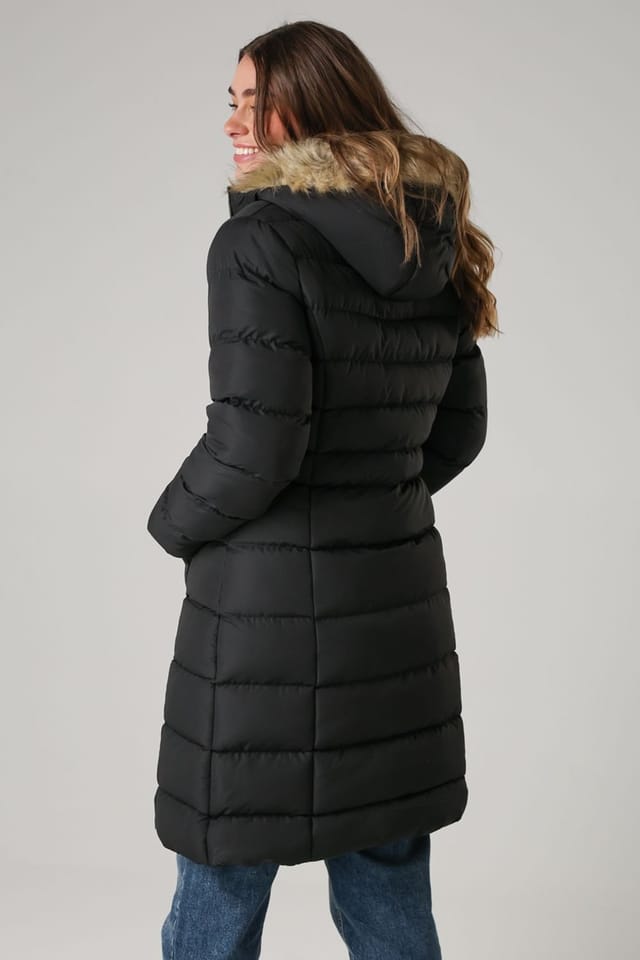 French Connection French Connection Women's Midi Padded Parka Jacket with Faux Fur Hood in Black - 2