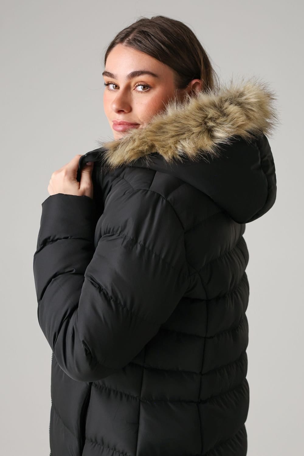 French Connection French Connection Women's Midi Padded Parka Jacket with Faux Fur Hood in Black - 4