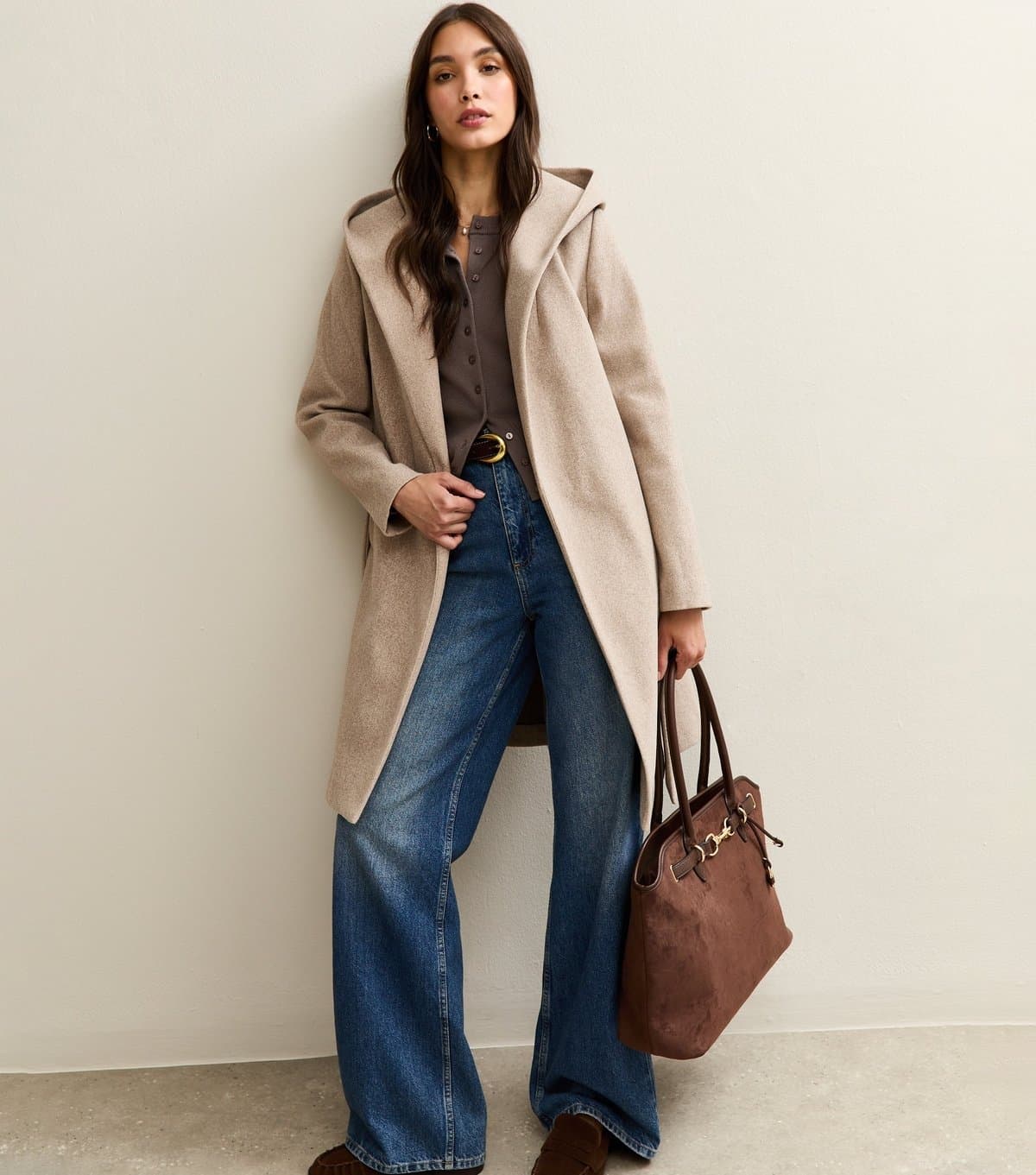 New Look Women's Oatmeal Unlined Hooded Wrap Coat New Look
