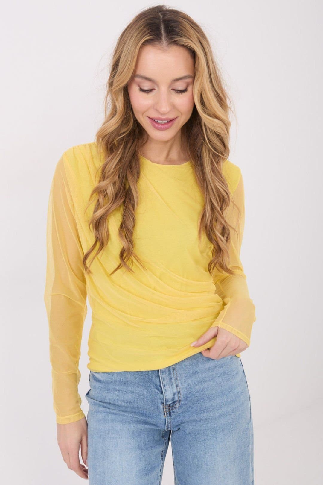 Love Lace Love Lace Yellow Mesh Fitted Blouse with Pleats