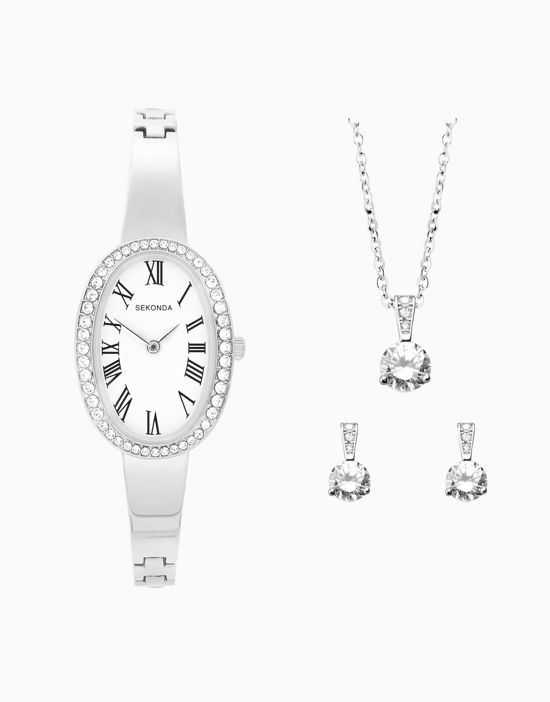 ASOS Sekonda Bellamy 23mm womens oval silver analogue 3 piece gift set with silver bracelet in silver