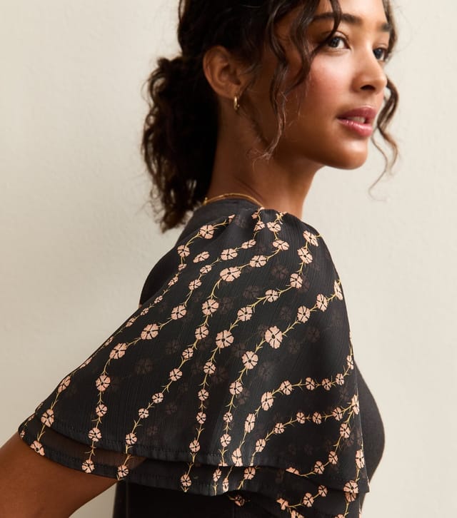 New Look Women's Black Soft Touch Floral Print Flutter Sleeve Top New Look - 2