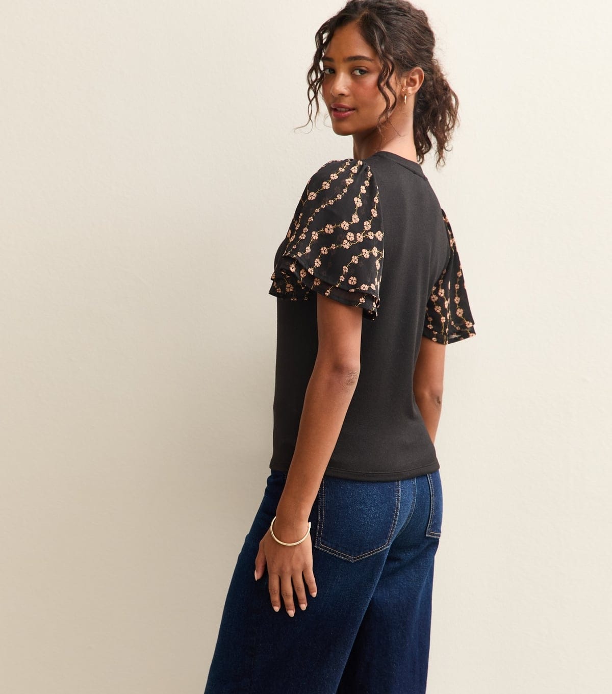 New Look Women's Black Soft Touch Floral Print Flutter Sleeve Top New Look - 4