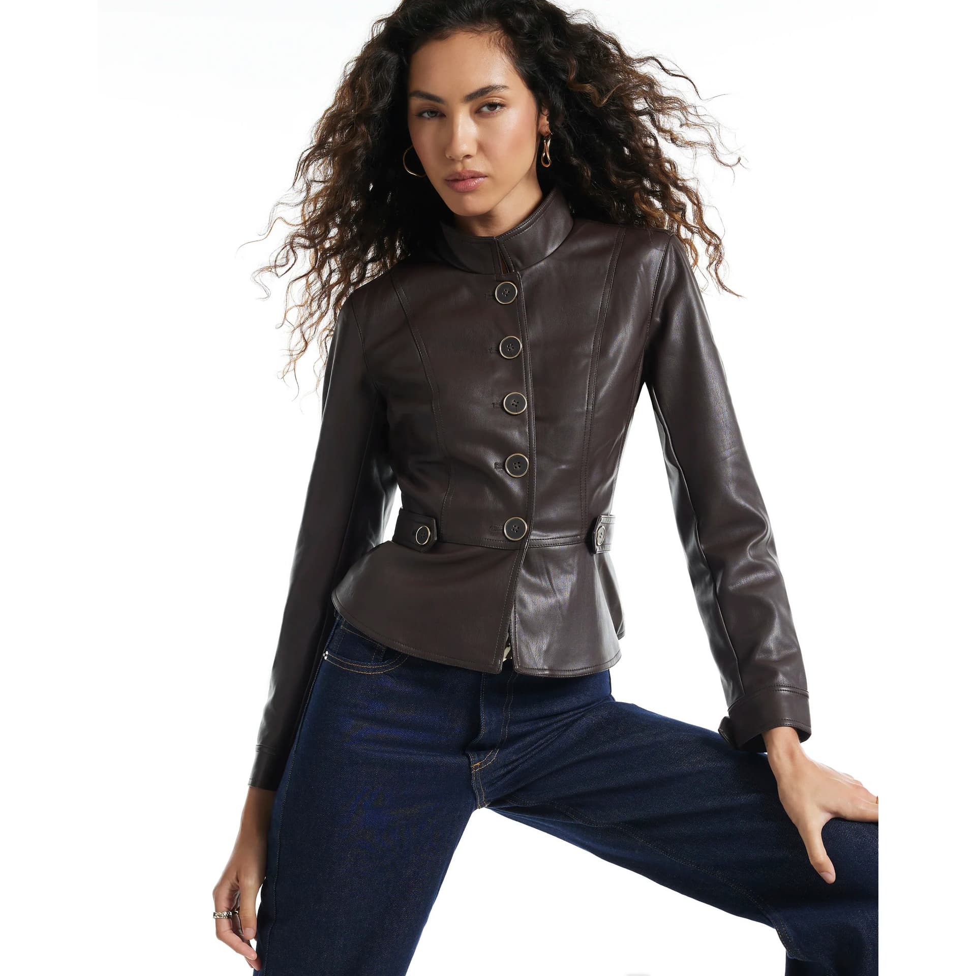 River Island River Island Womens Brown Faux Leather Fitted Drummer Jacket