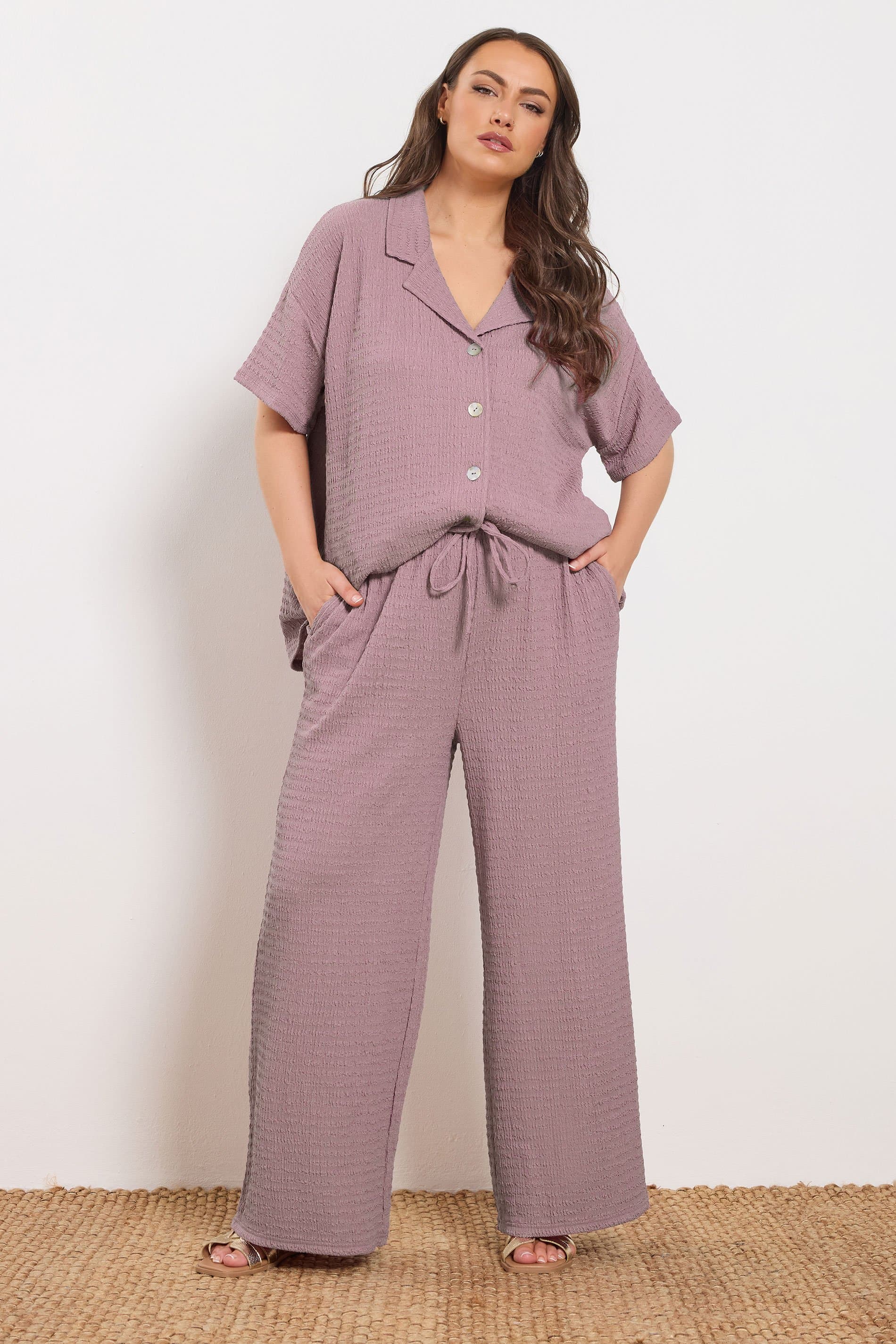 Yours Plus Size Pink Textured Wide Leg Trousers