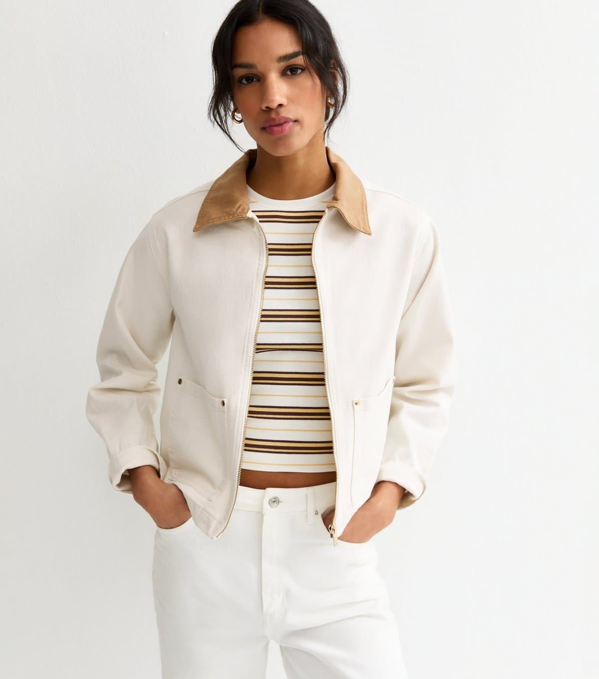 New Look Women's Off White Contrast Collar Barn Jacket New Look
