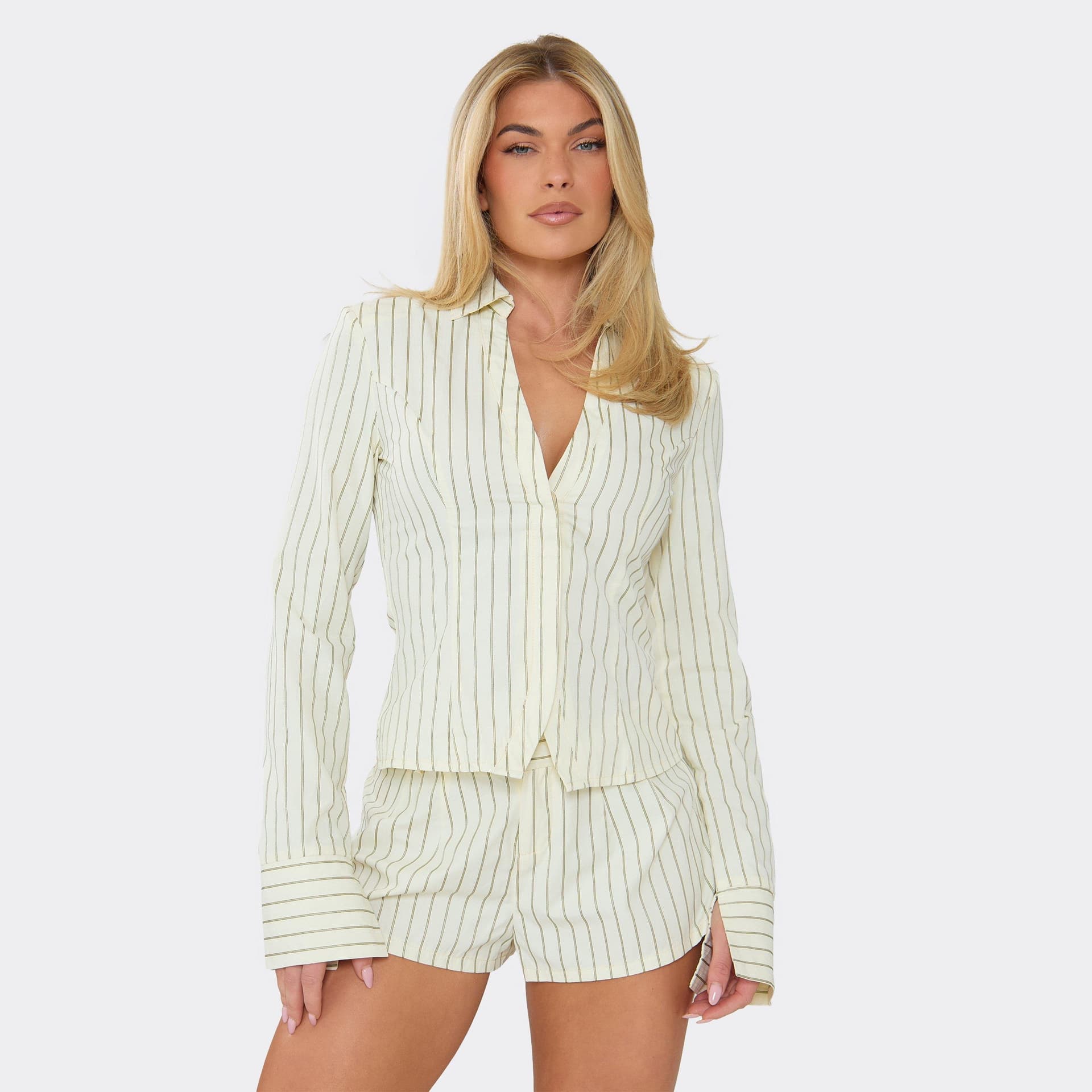 EGO Long Sleeve Plunge Neck Shirt In Yellow Pinstripe, Women's Size UK 10