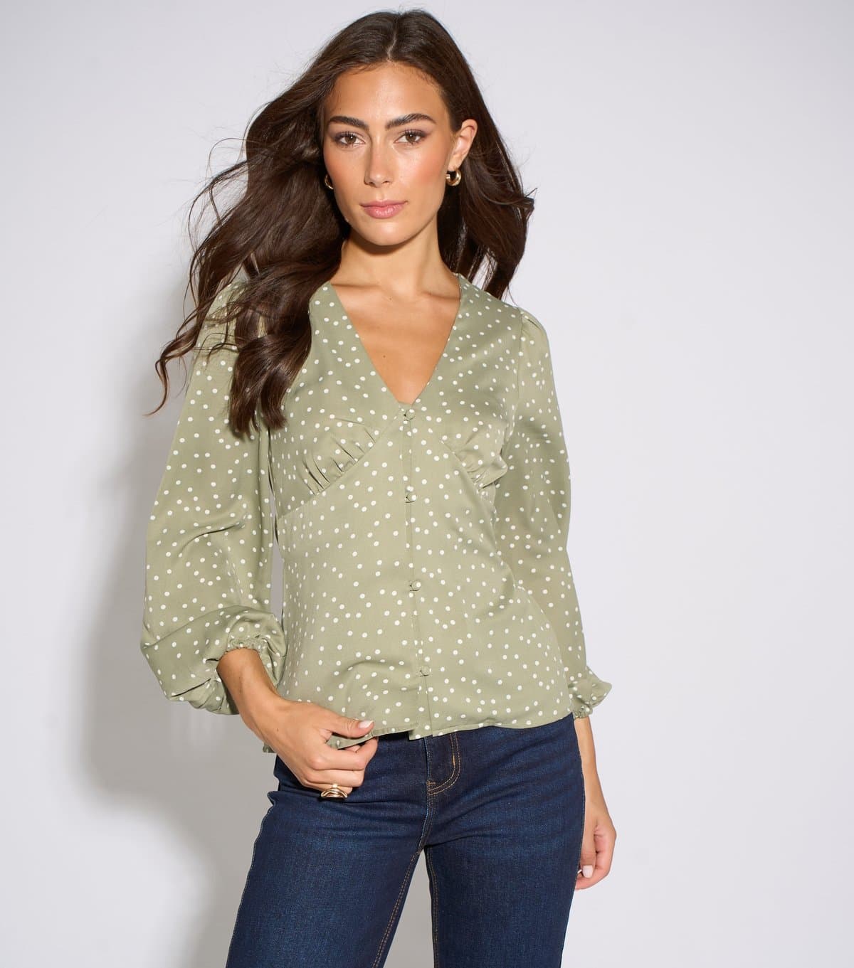 Gini London Women's Light Green Polka Dot V-Neck Button Blouse Gini London New Look