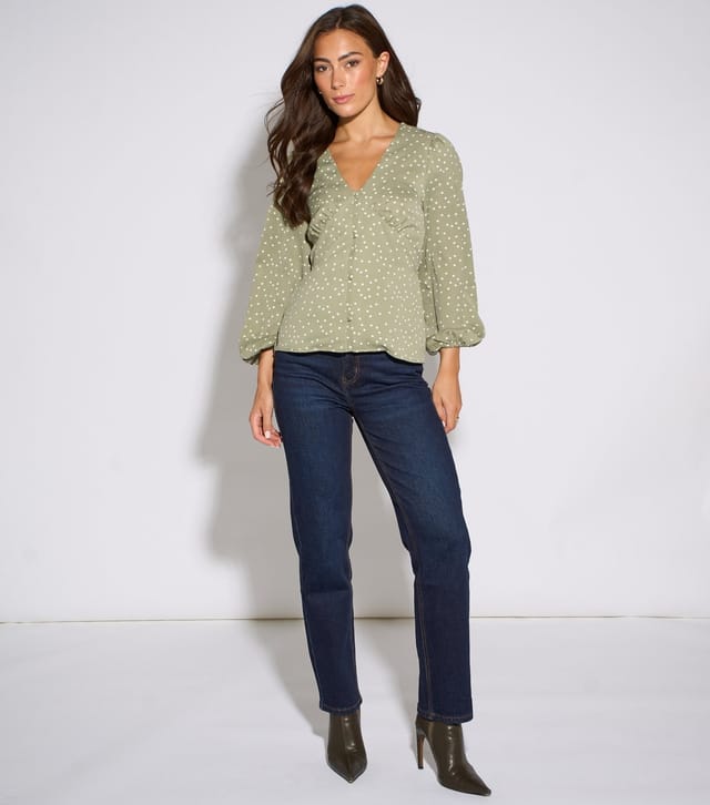 Gini London Women's Light Green Polka Dot V-Neck Button Blouse Gini London New Look - 2
