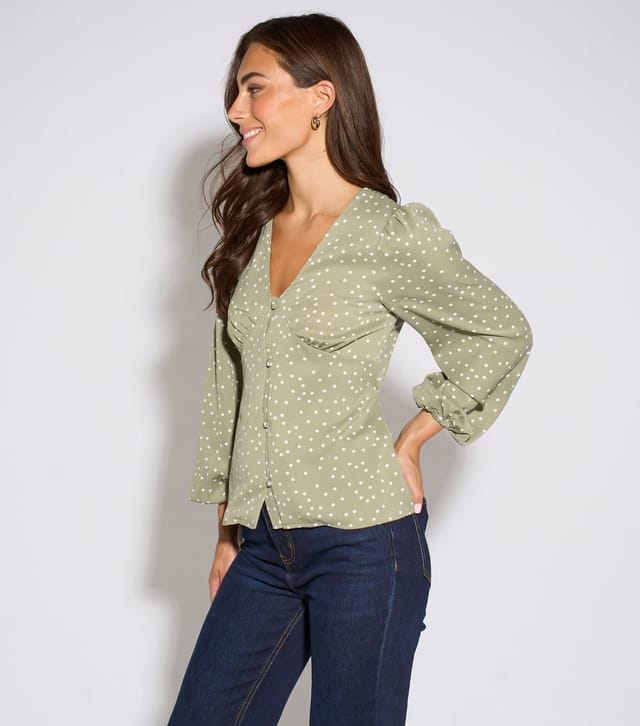 Gini London Women's Light Green Polka Dot V-Neck Button Blouse Gini London New Look - 3