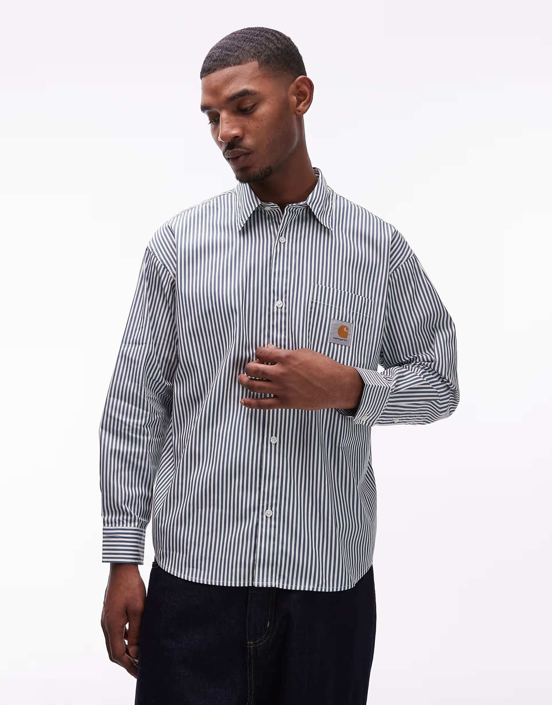 ASOS Carhartt WIP daldry stripe long sleeve shirt in white and blue