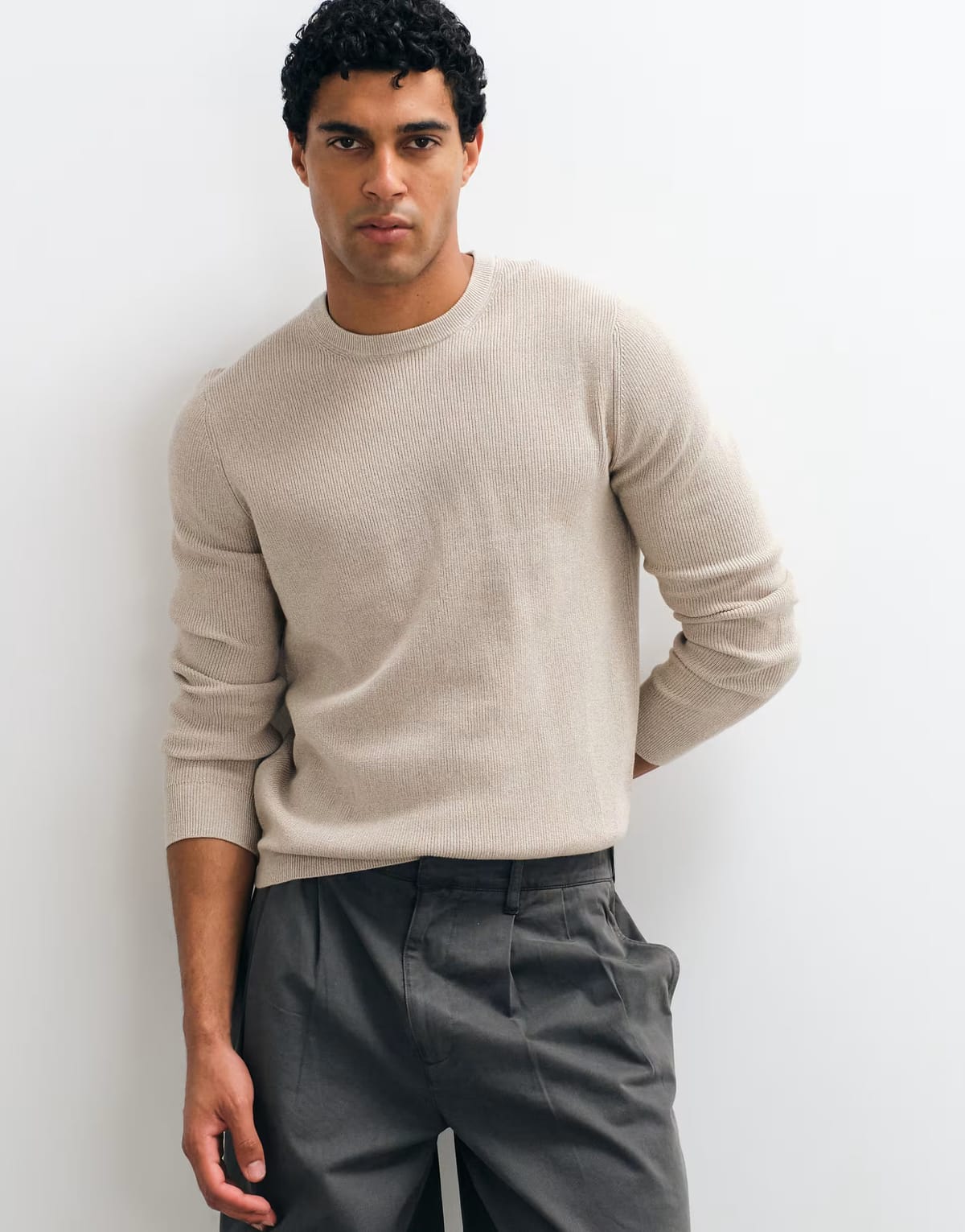 ASOS Mango round neck knitted jumper in beige - 1
