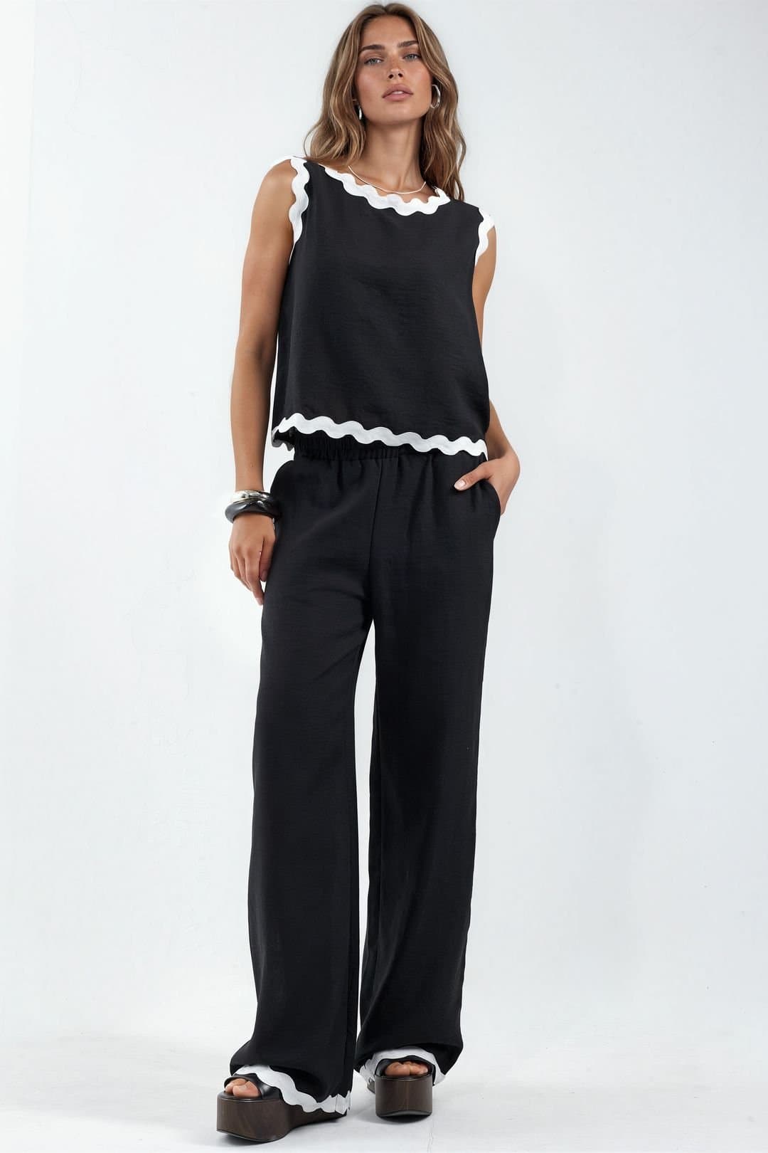 MSN Collection MSN Collection Women's Color Block Linen Tunic & Wide-Leg Trousers Set