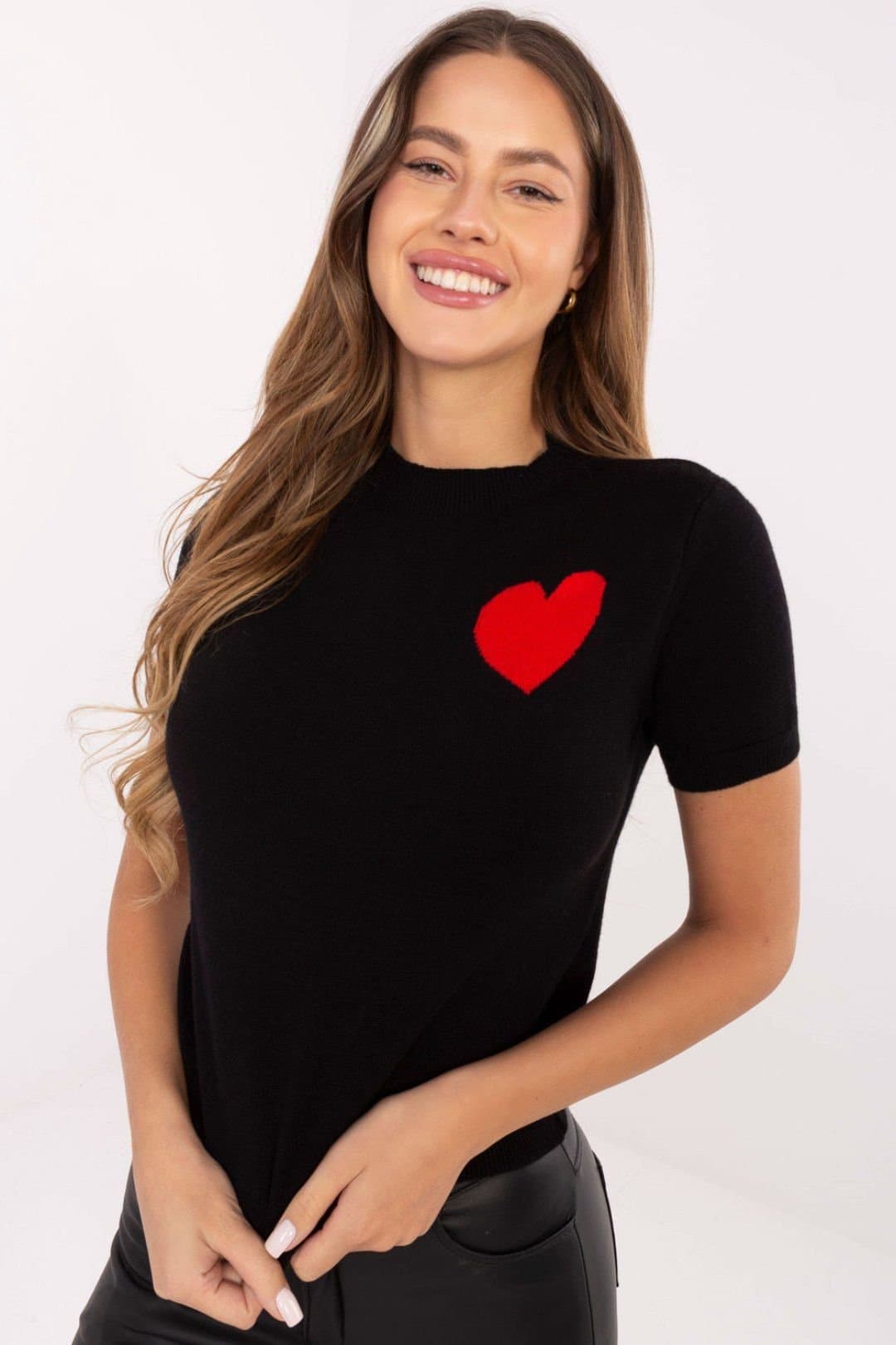 Love Lace Love Lace Women's Short Sleeve Sweater With Heart Print Style 219973 in Black