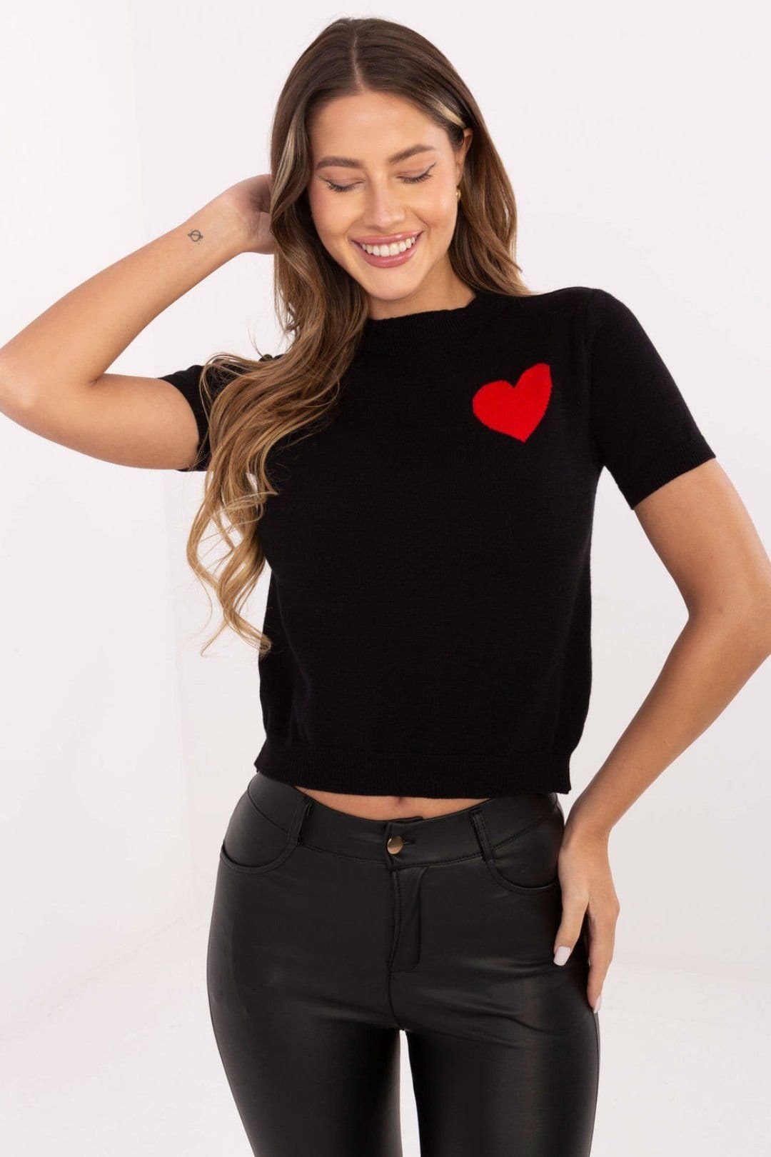 Love Lace Love Lace Women's Short Sleeve Sweater With Heart Print Style 219973 in Black - 4