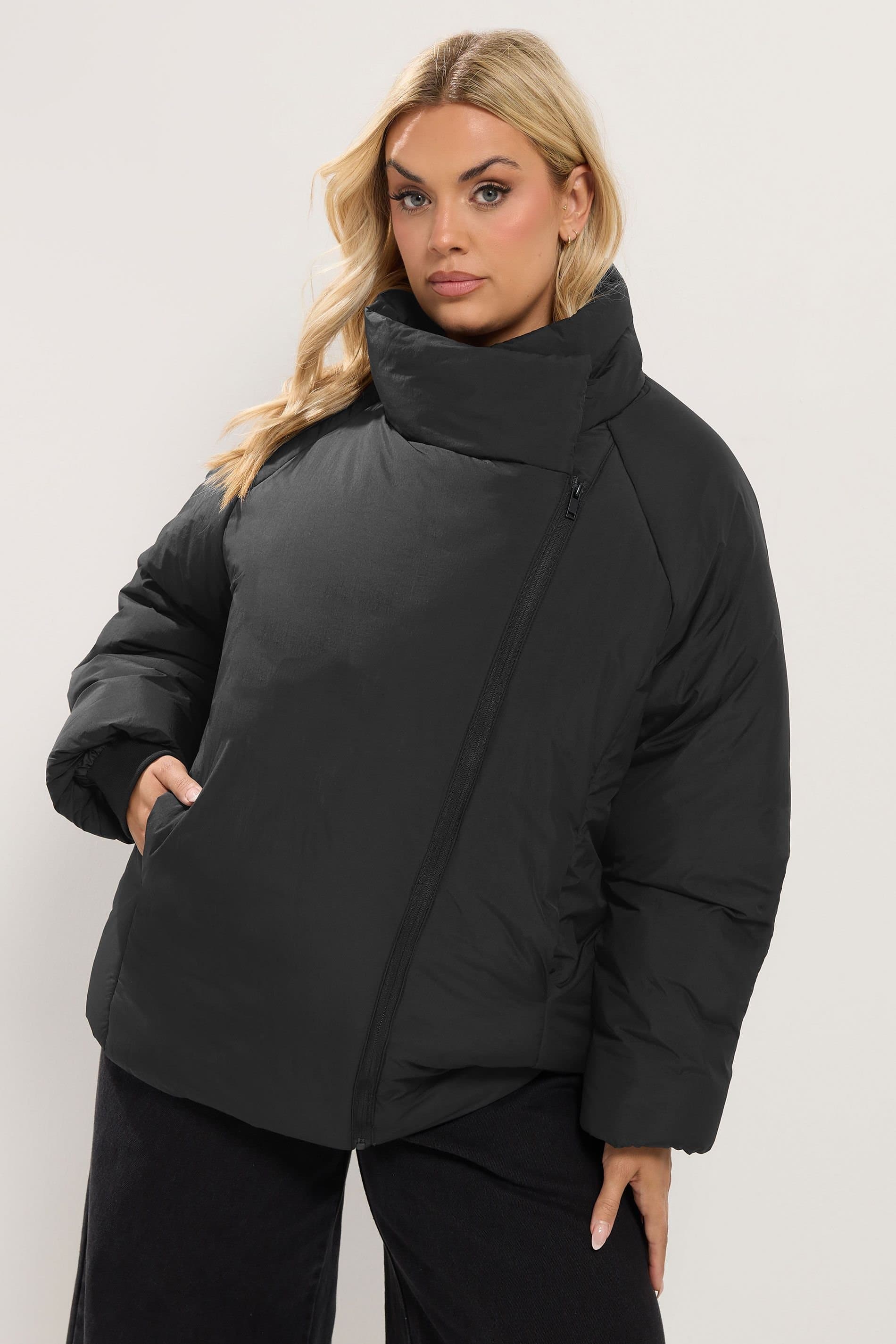 Yours Yours Women's Asymmetric Zip Padded Coat in Black
