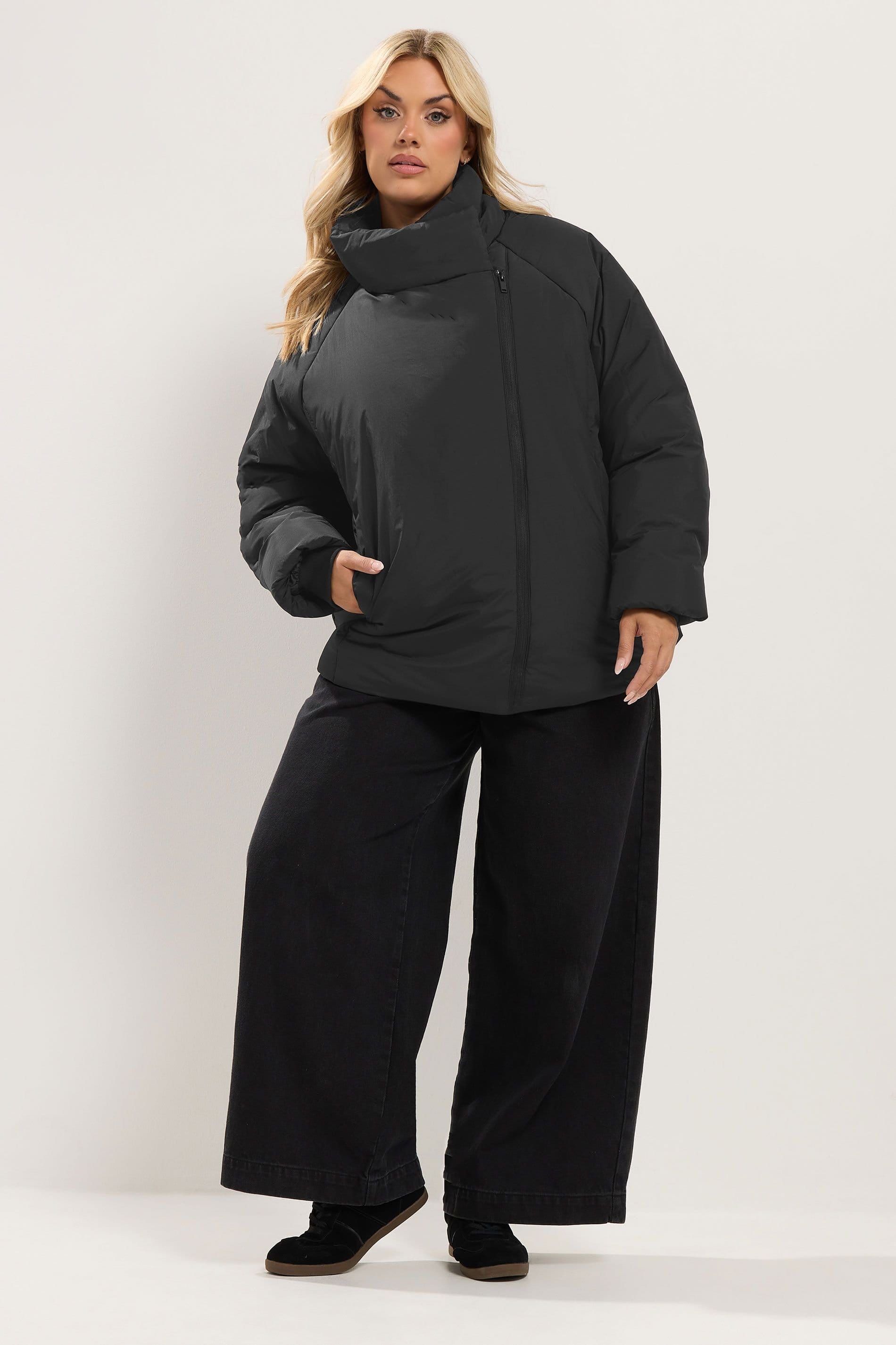 Yours Yours Women's Asymmetric Zip Padded Coat in Black - 4
